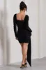 Crimson Cut | Black Velvet Floral Long-Sleeved Ruffled Bodycon Mini Dress sold by Club L London