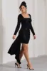 Crimson Cut | Black Velvet Floral Long-Sleeved Ruffled Bodycon Mini Dress sold by Club L London