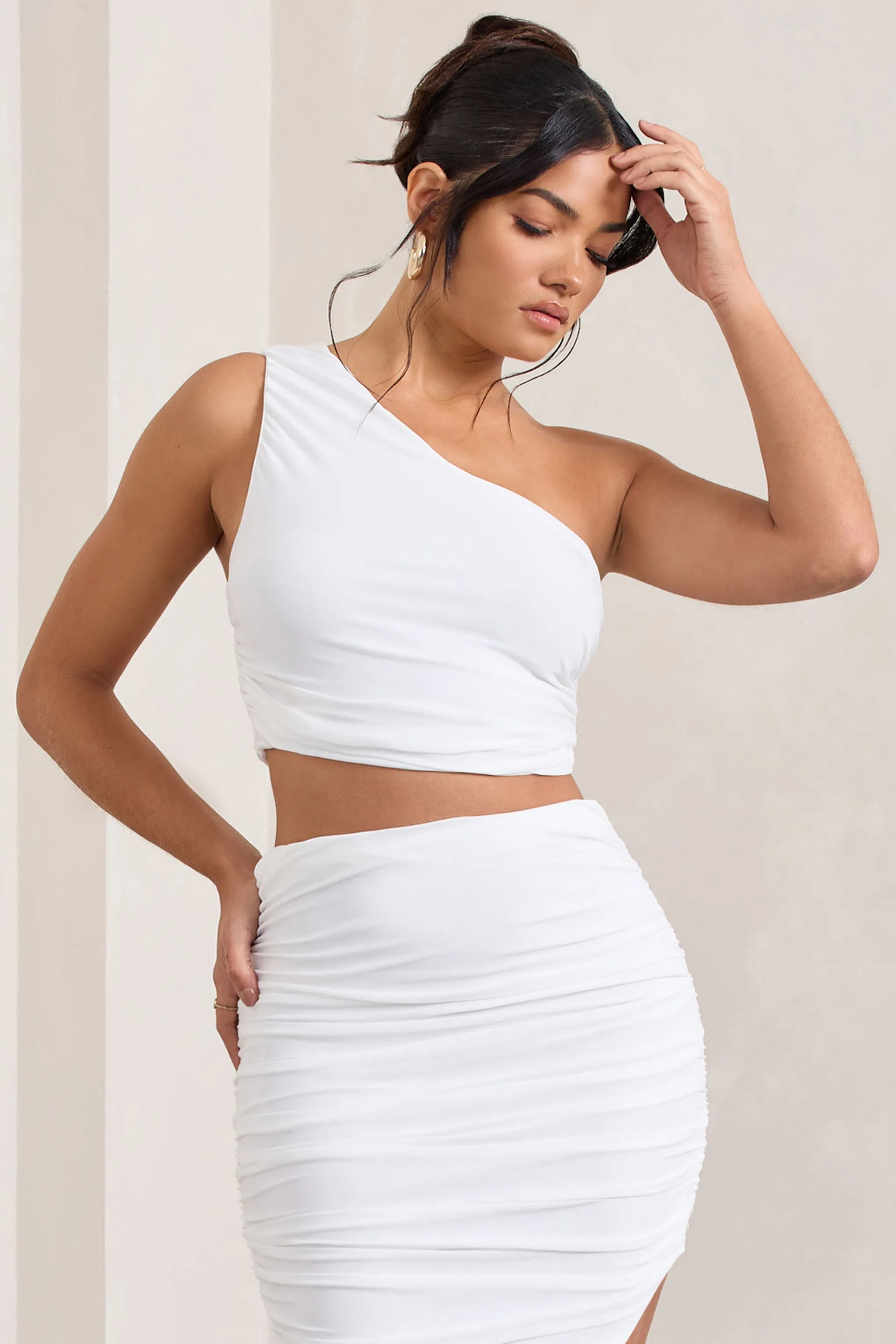 Eclipse | White One Shoulder Ruched Crop Top sold by Club L London product image thumbnail 4