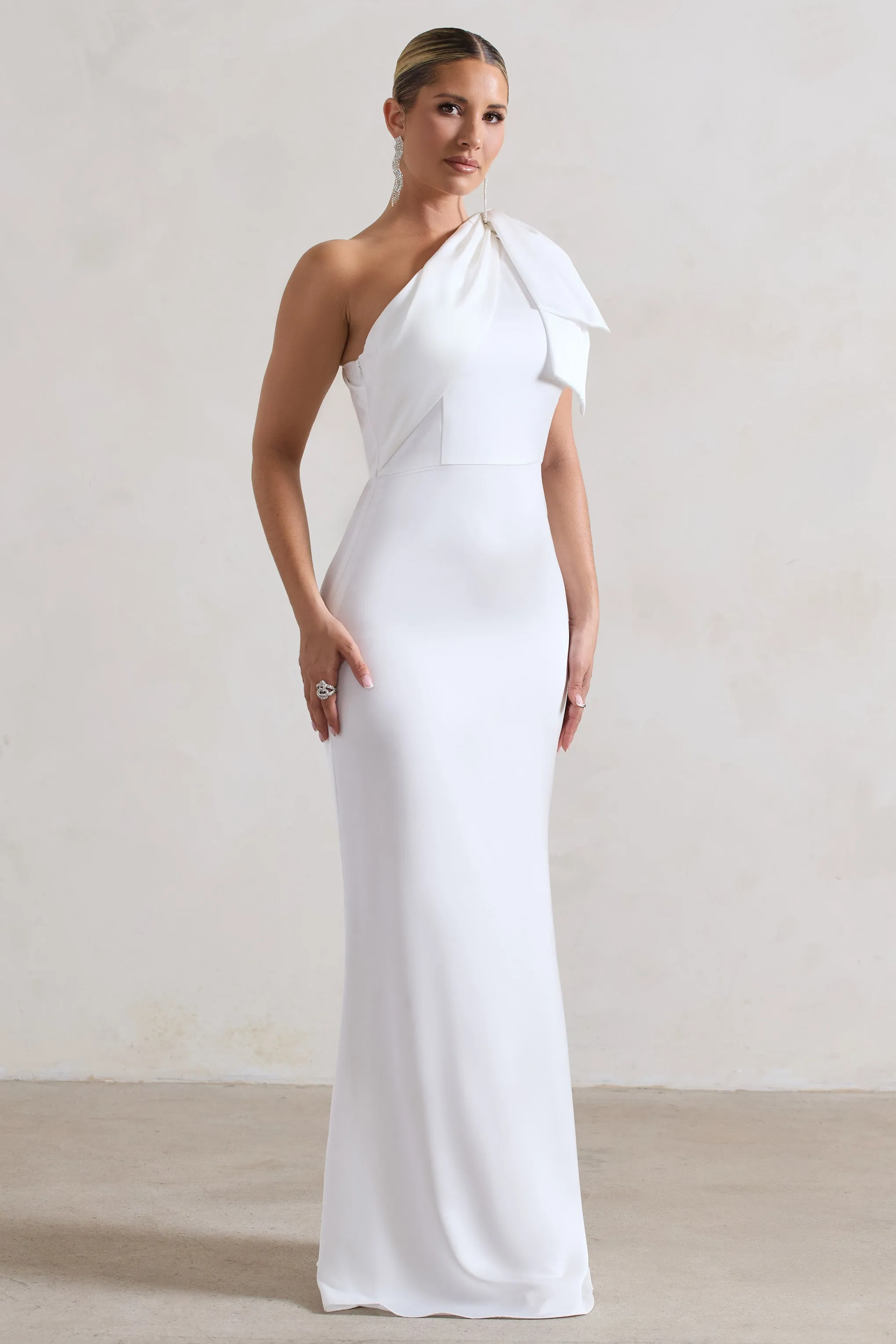 Lady | White Satin One Shoulder Maxi Dress With Bow sold by Club L London product image thumbnail 5