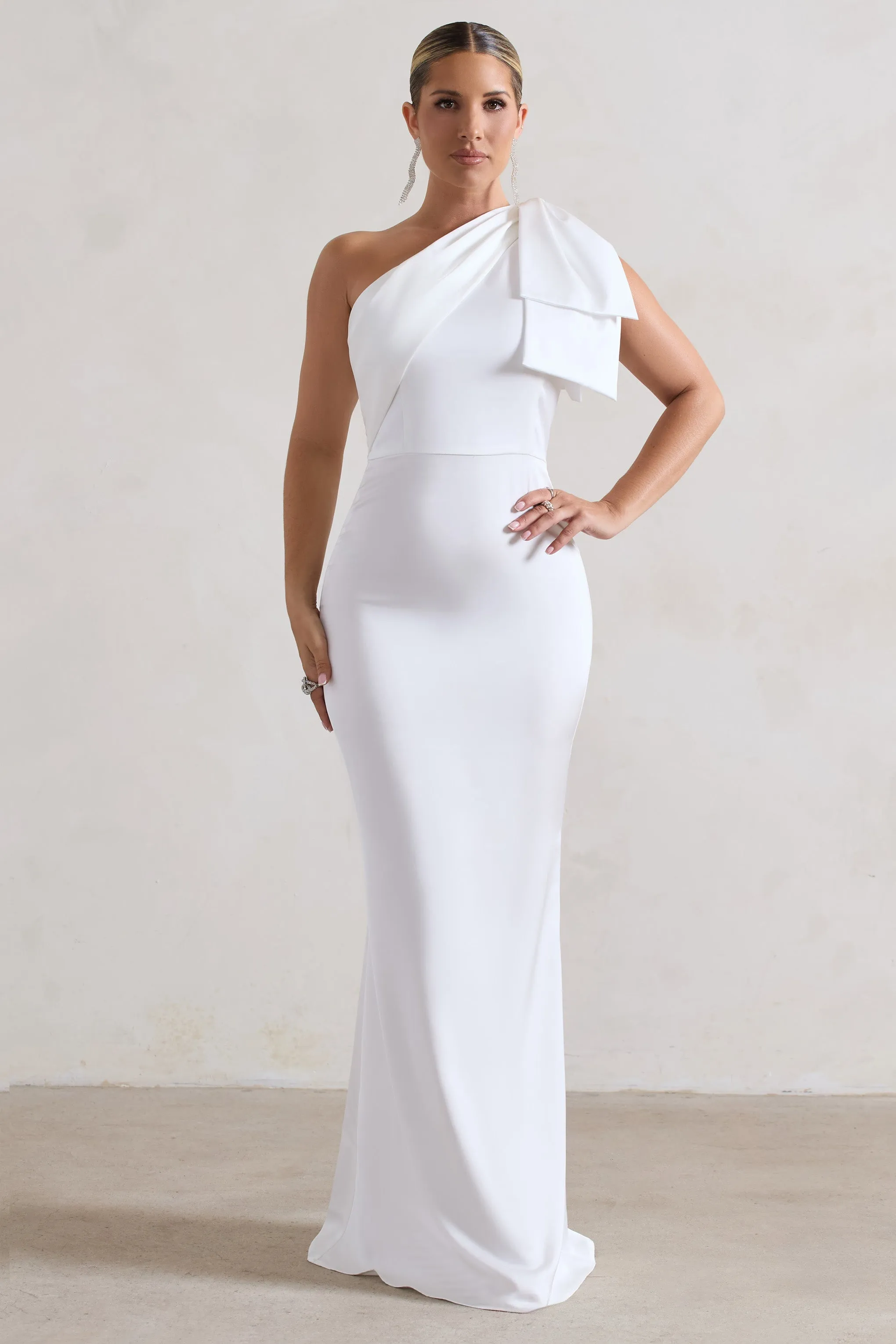 Lady | White Satin One Shoulder Maxi Dress With Bow sold by Club L London