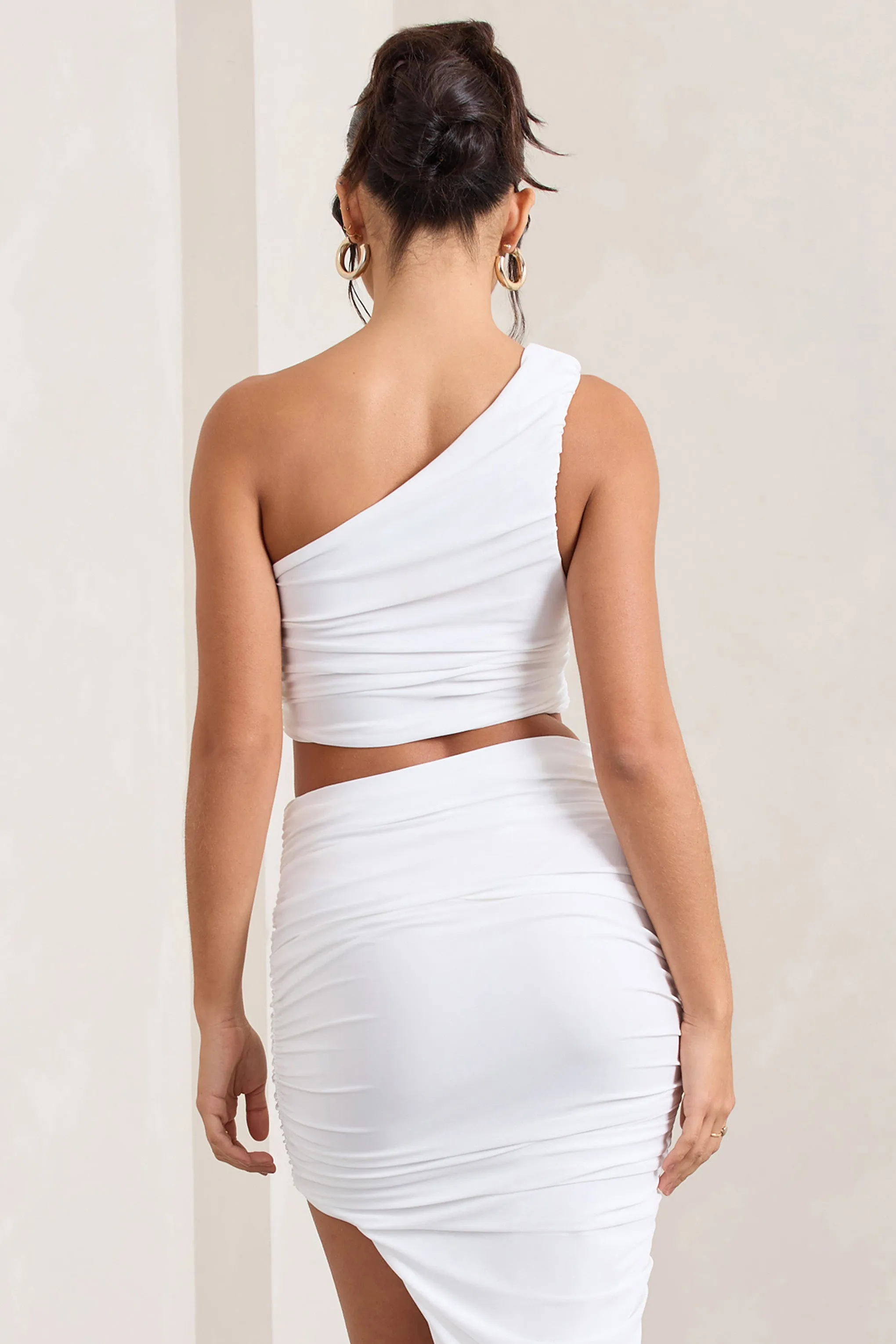 Eclipse | White One Shoulder Ruched Crop Top sold by Club L London product image thumbnail 2