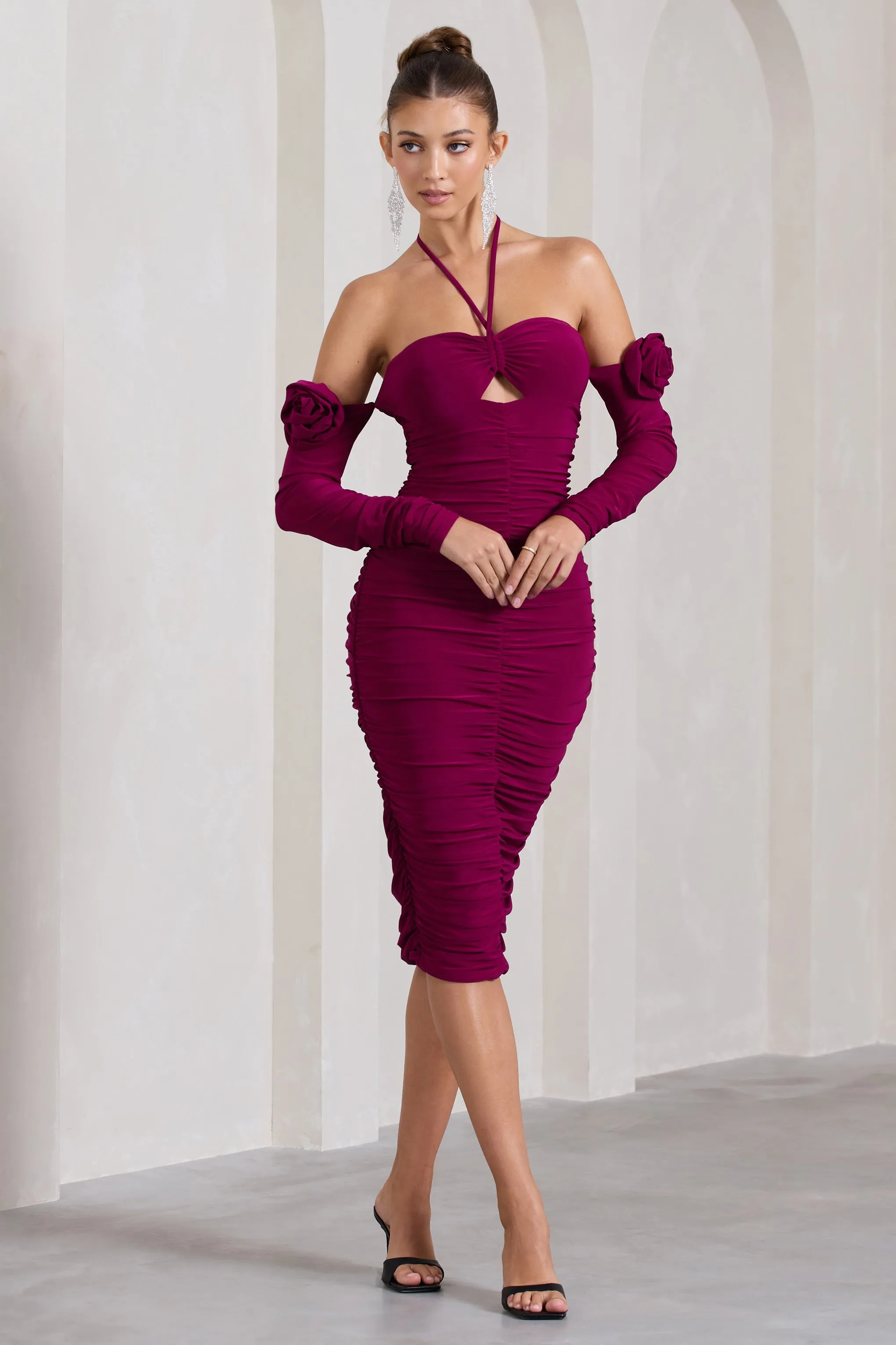 Extra Special | Dark Cherry Ruched Halter-Neck Midi Dress With Flowers sold by Club L London