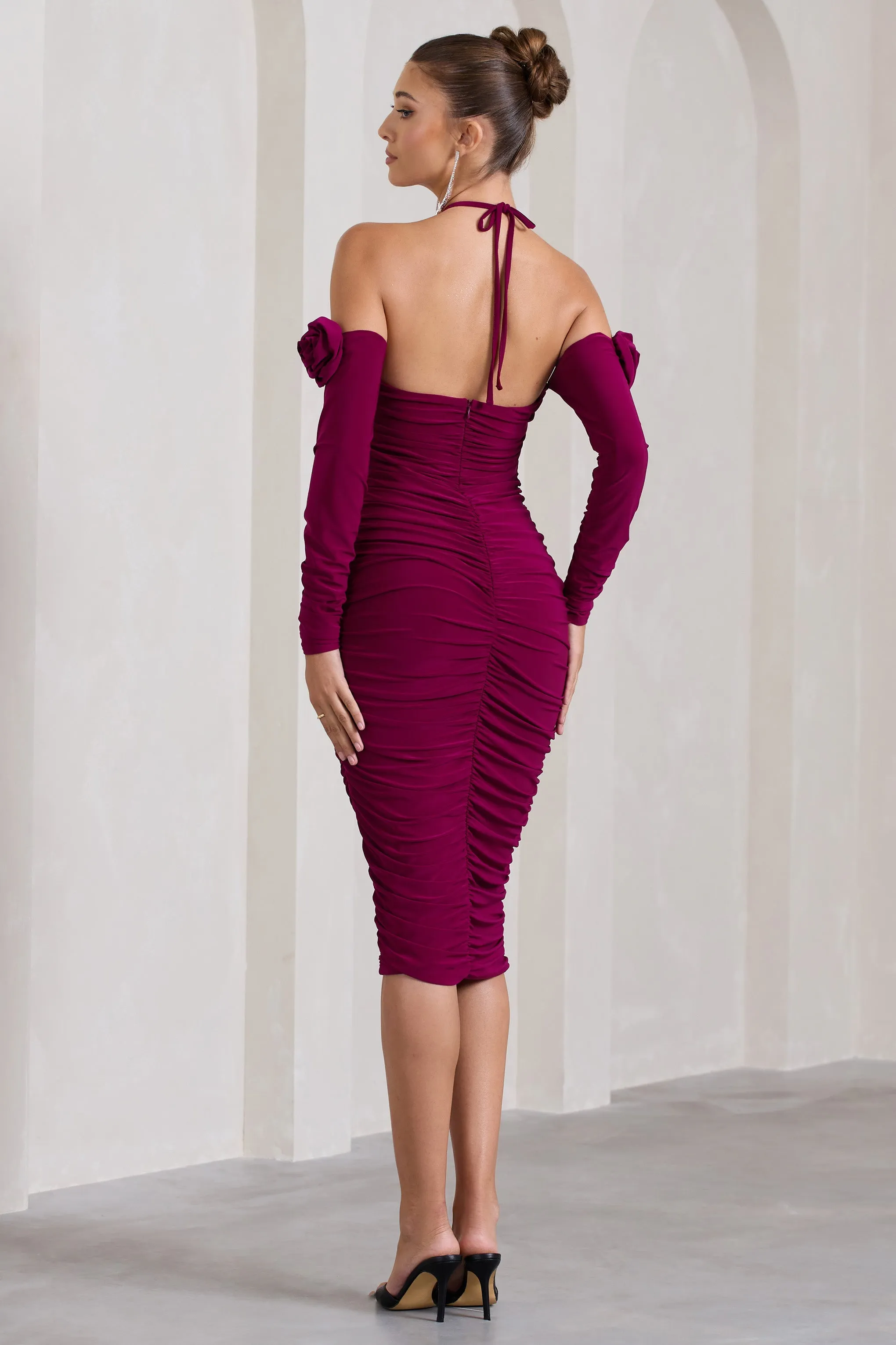Extra Special | Dark Cherry Ruched Halter-Neck Midi Dress With Flowers sold by Club L London product image thumbnail 2