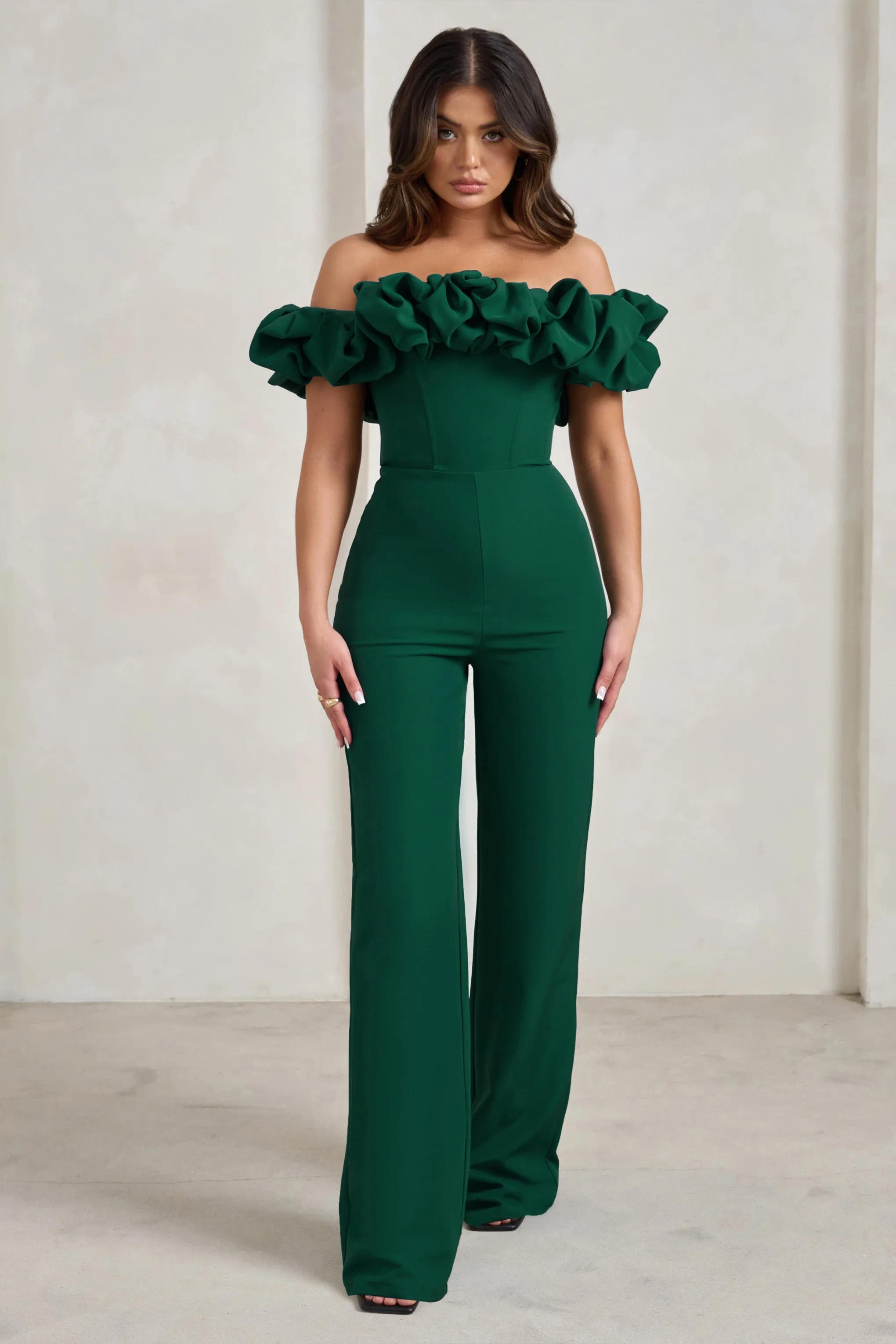 Esmie | Bottle Green Structured Statement Bardot Wide Leg Jumpsuit sold by Club L London product image thumbnail 5