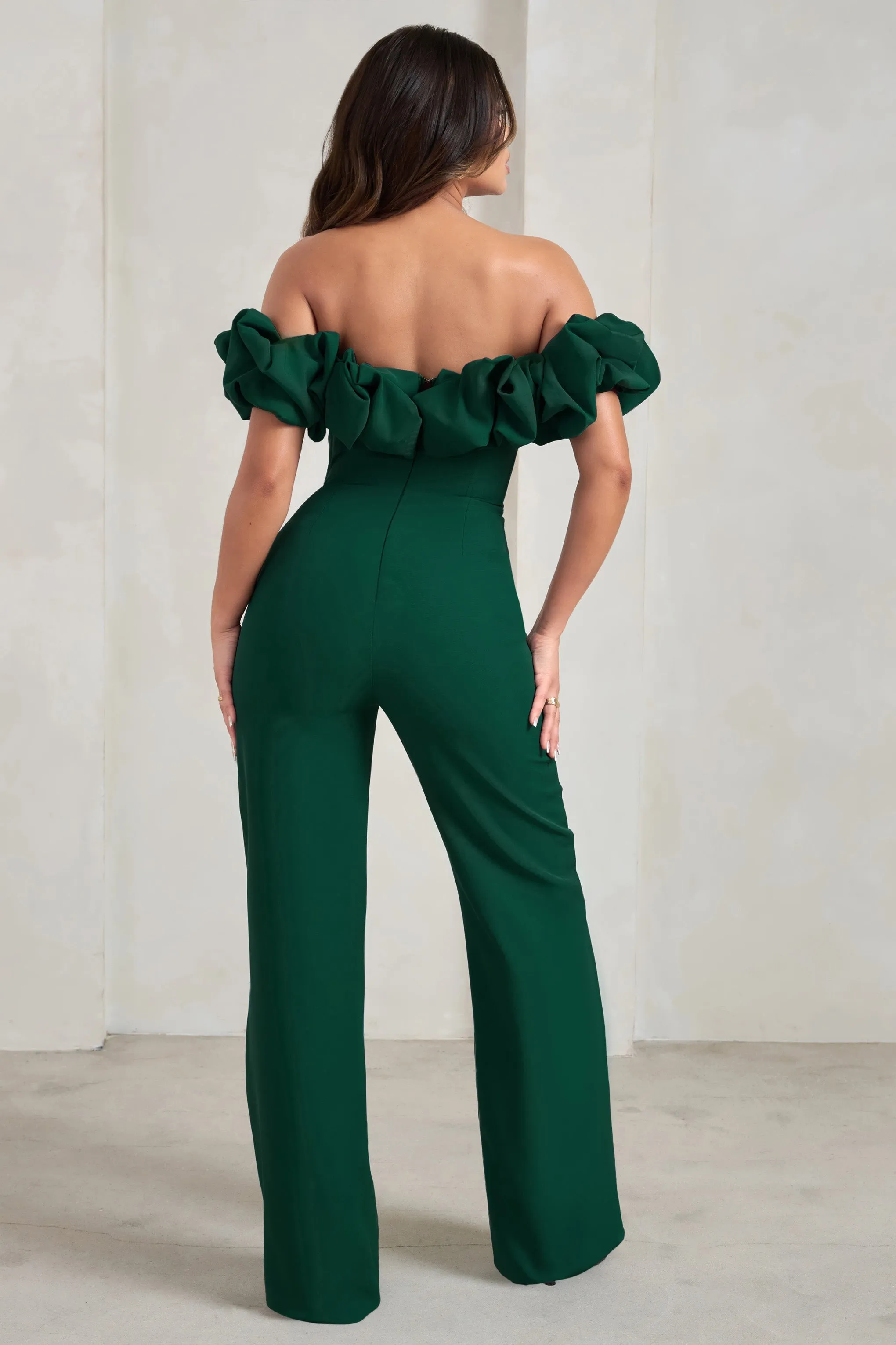 Esmie | Bottle Green Structured Statement Bardot Wide Leg Jumpsuit sold by Club L London product image thumbnail 2