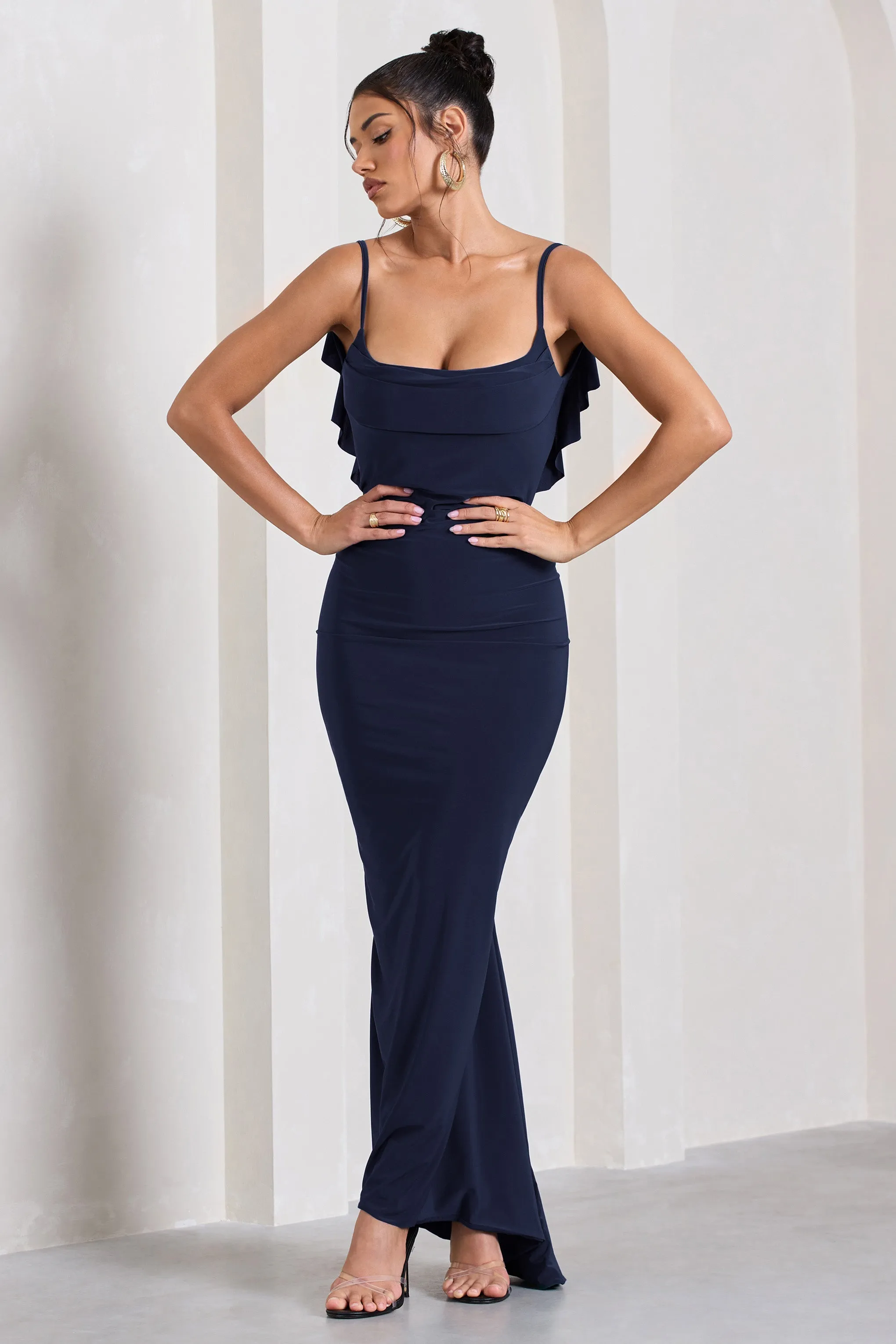 Flute | Navy Bodycon Maxi Dress With Ruched Ruffled Back sold by Club L London product image thumbnail 4