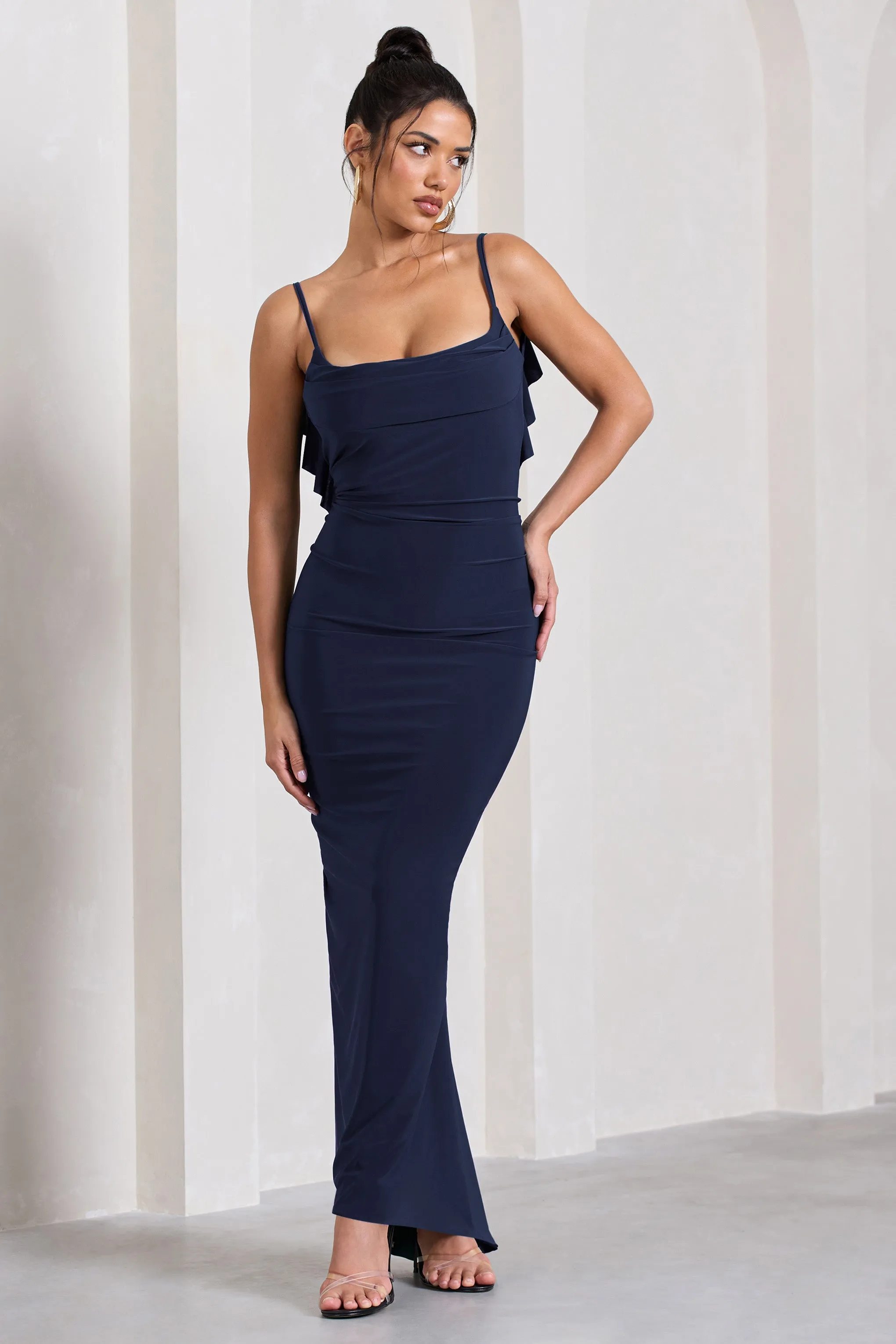 Flute | Navy Bodycon Maxi Dress With Ruched Ruffled Back sold by Club L London product image thumbnail 2