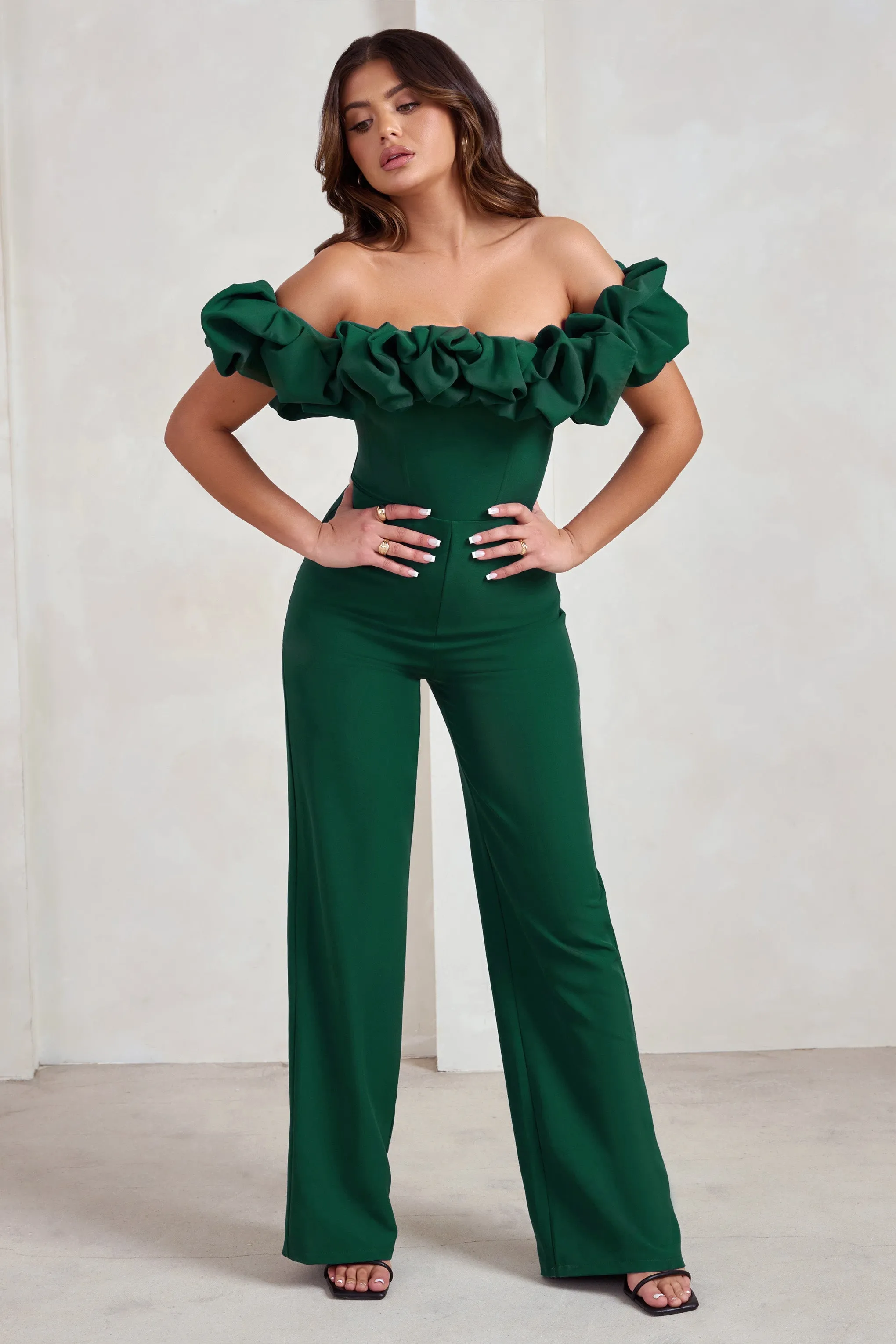 Esmie | Bottle Green Structured Statement Bardot Wide Leg Jumpsuit sold by Club L London