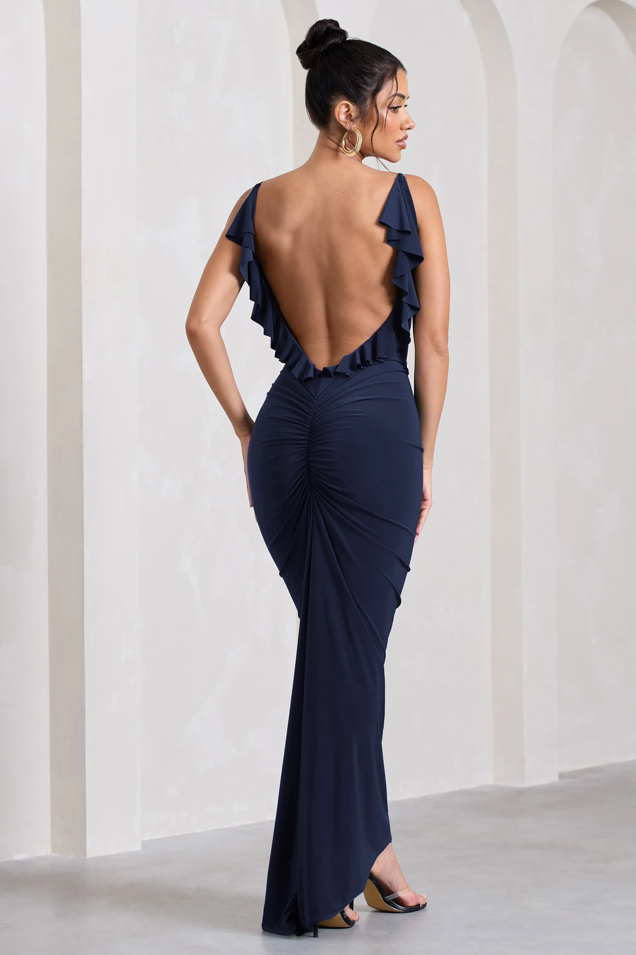 Flute | Navy Bodycon Maxi Dress With Ruched Ruffled Back sold by Club L London