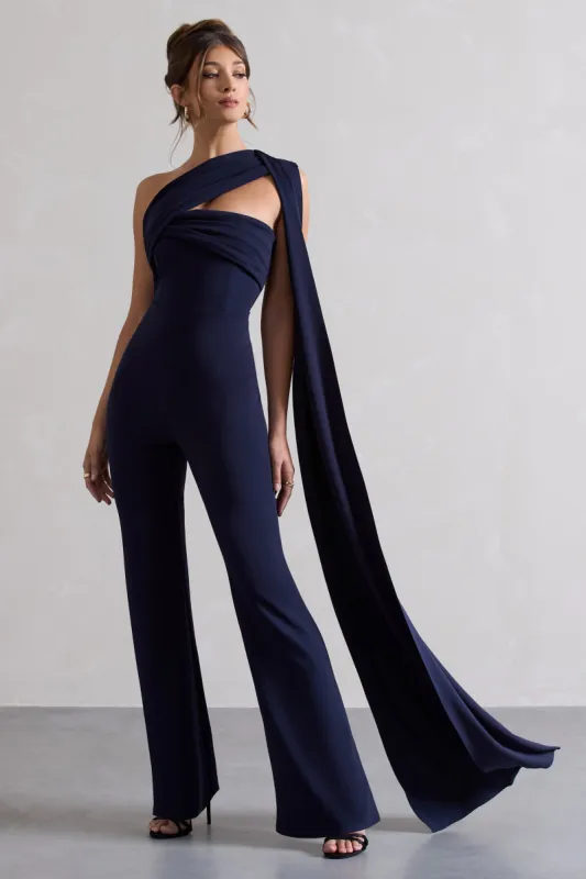 Lorah | Navy One Shoulder Wide-Leg Jumpsuit With Sash sold by Club L London