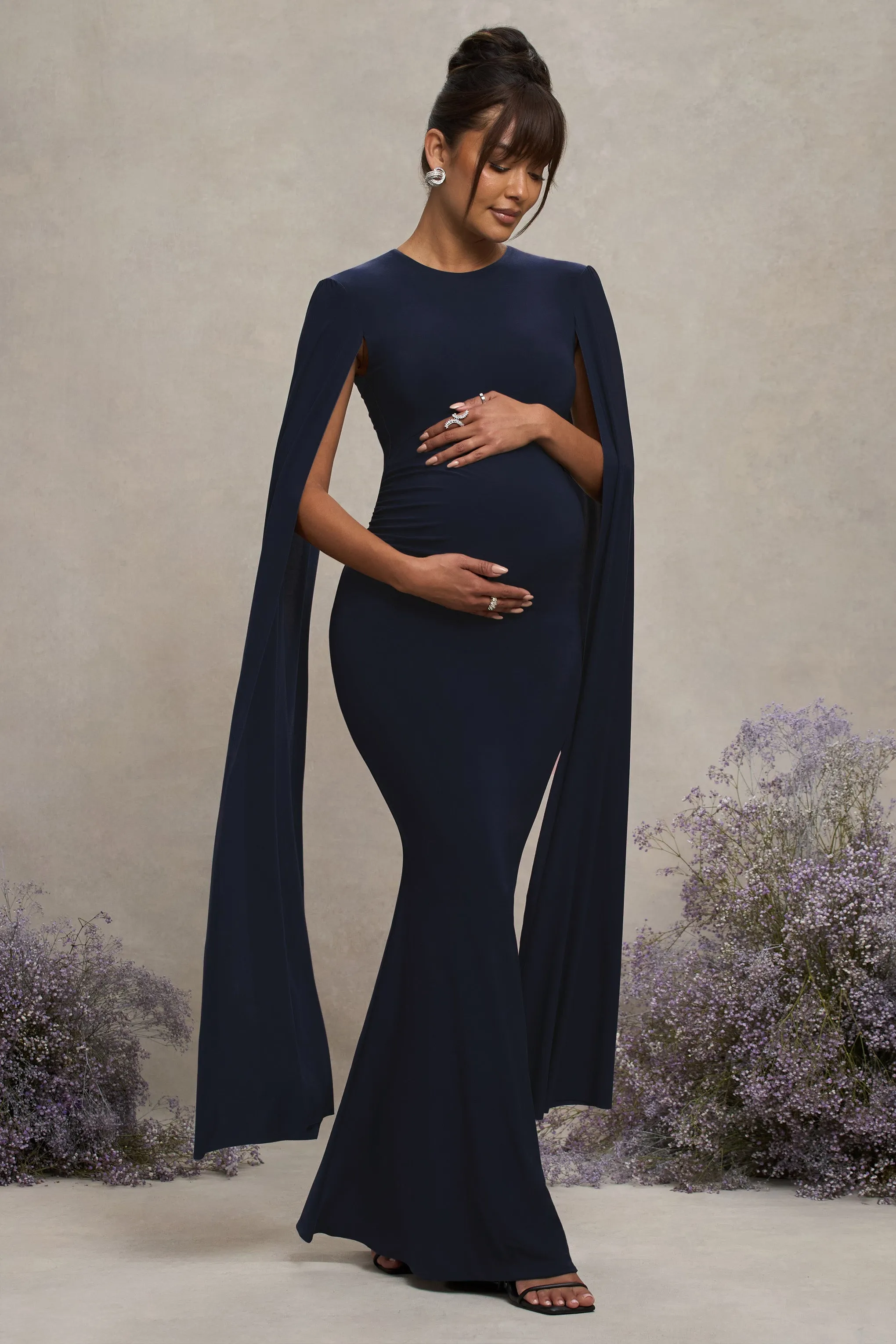 Divine Timing | Navy Maternity Maxi Dress With Cape Sleeves sold by Club L London product image thumbnail 4