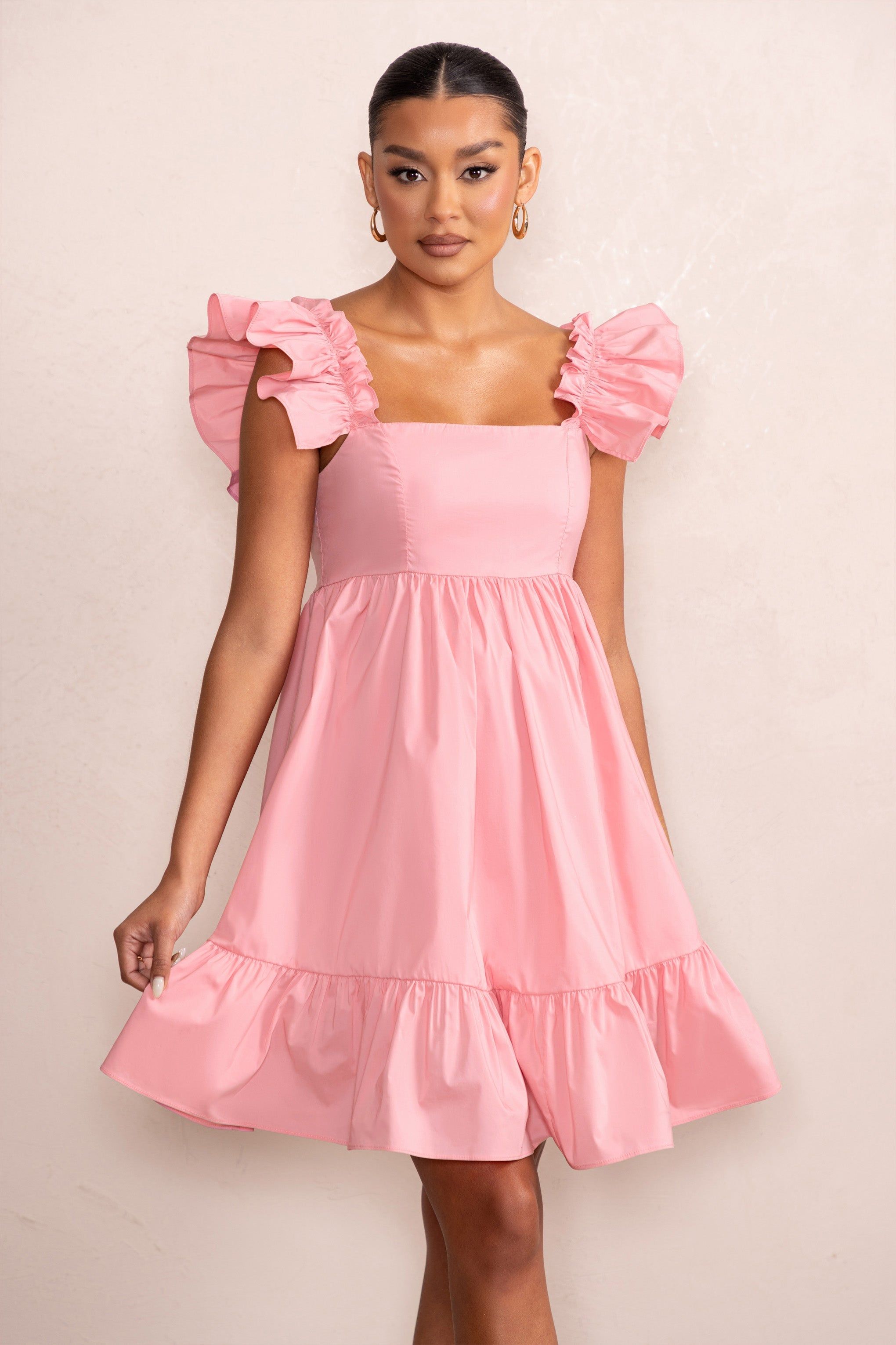 Dolly Daze | Blush Ruffle Sleeve Babydoll Maternity Mini Dress sold by Club L London product image thumbnail 4