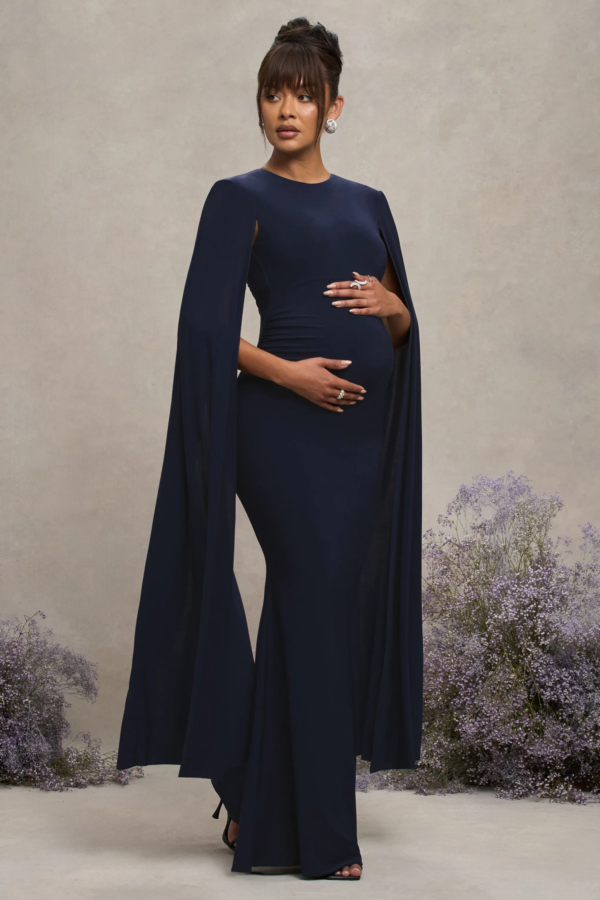 Divine Timing | Navy Maternity Maxi Dress With Cape Sleeves sold by Club L London product image thumbnail 5