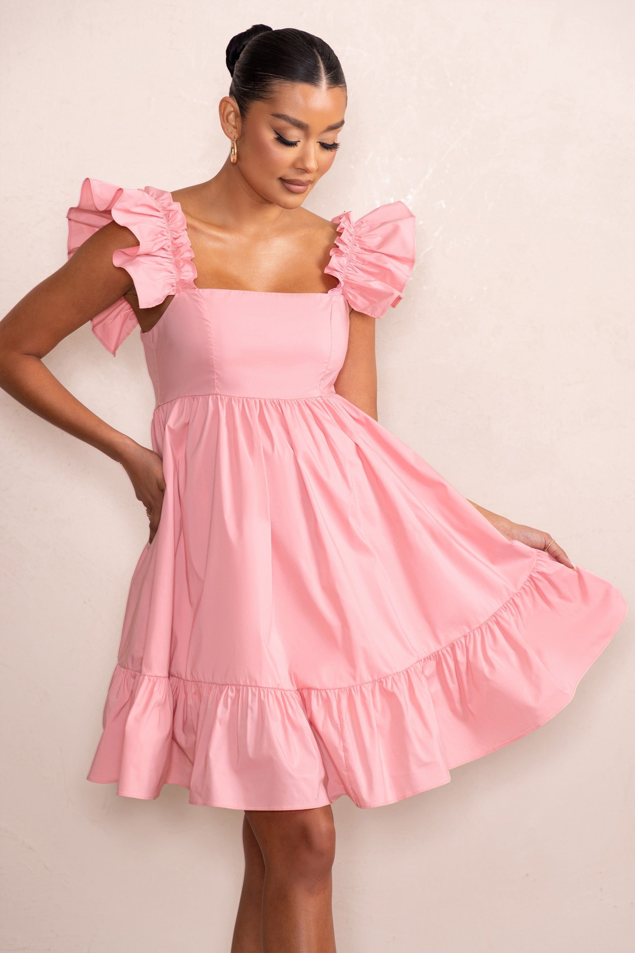 Dolly Daze | Blush Ruffle Sleeve Babydoll Maternity Mini Dress sold by Club L London product image thumbnail 5