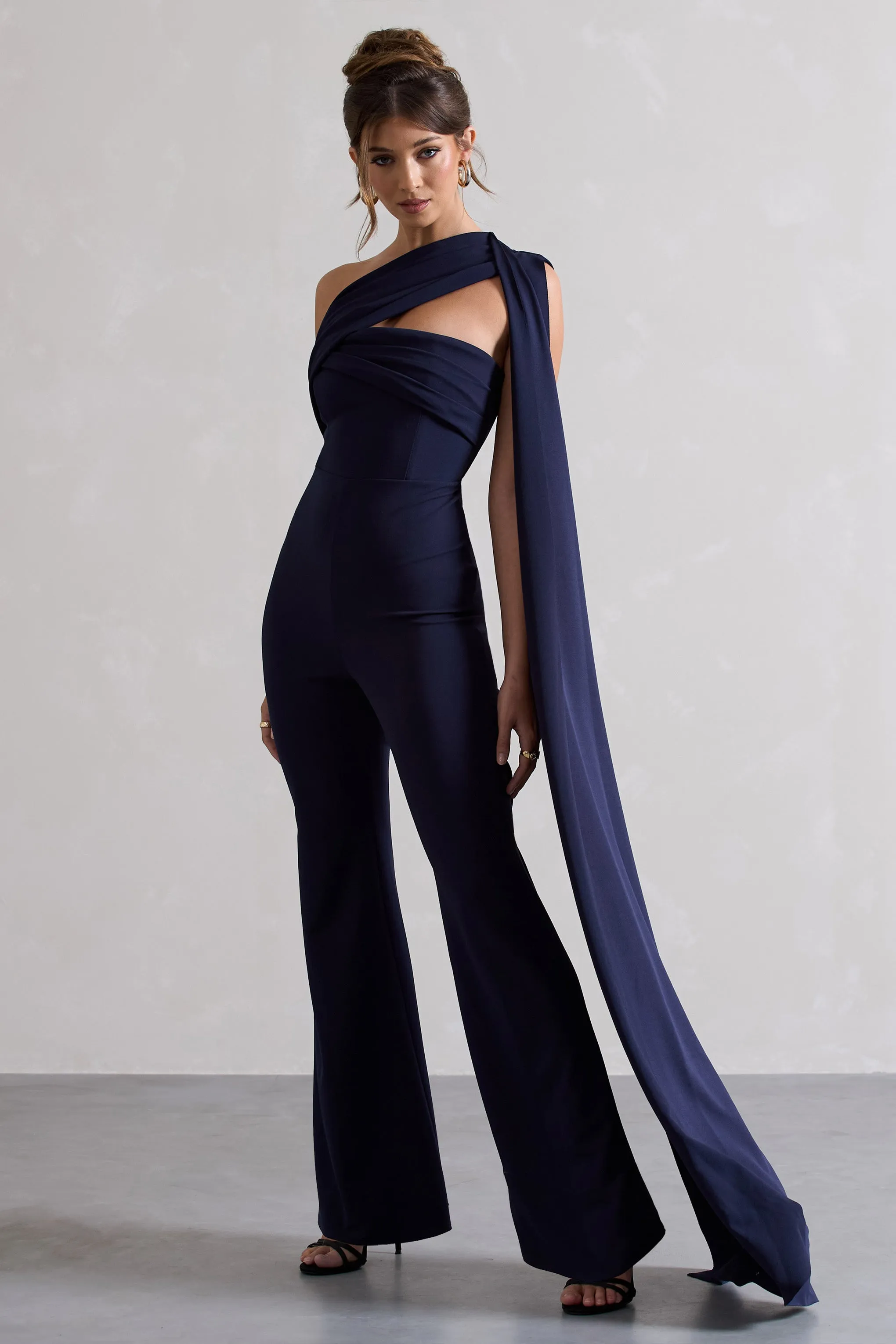 Lorah | Navy One Shoulder Wide-Leg Jumpsuit With Sash sold by Club L London product image thumbnail 4