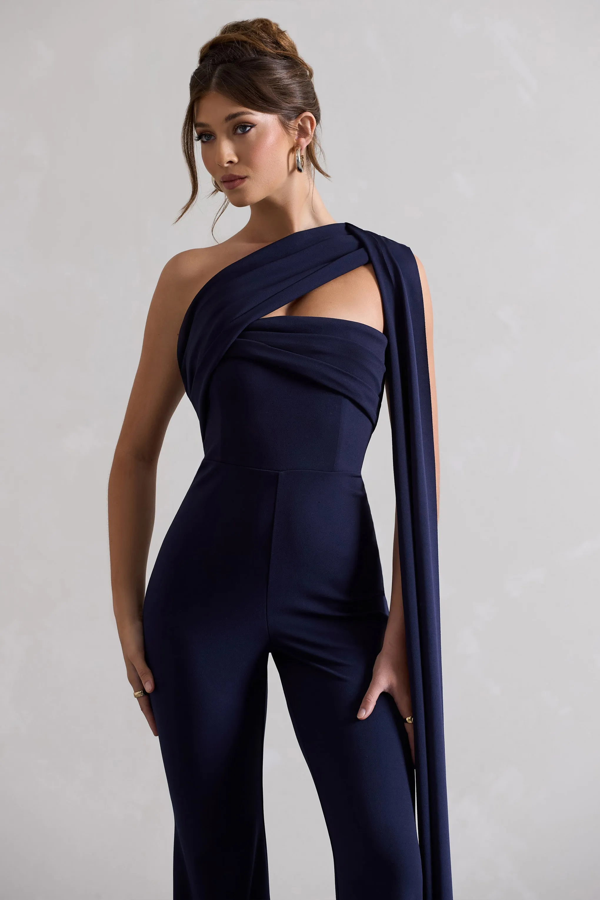 Lorah | Navy One Shoulder Wide-Leg Jumpsuit With Sash sold by Club L London product image thumbnail 3