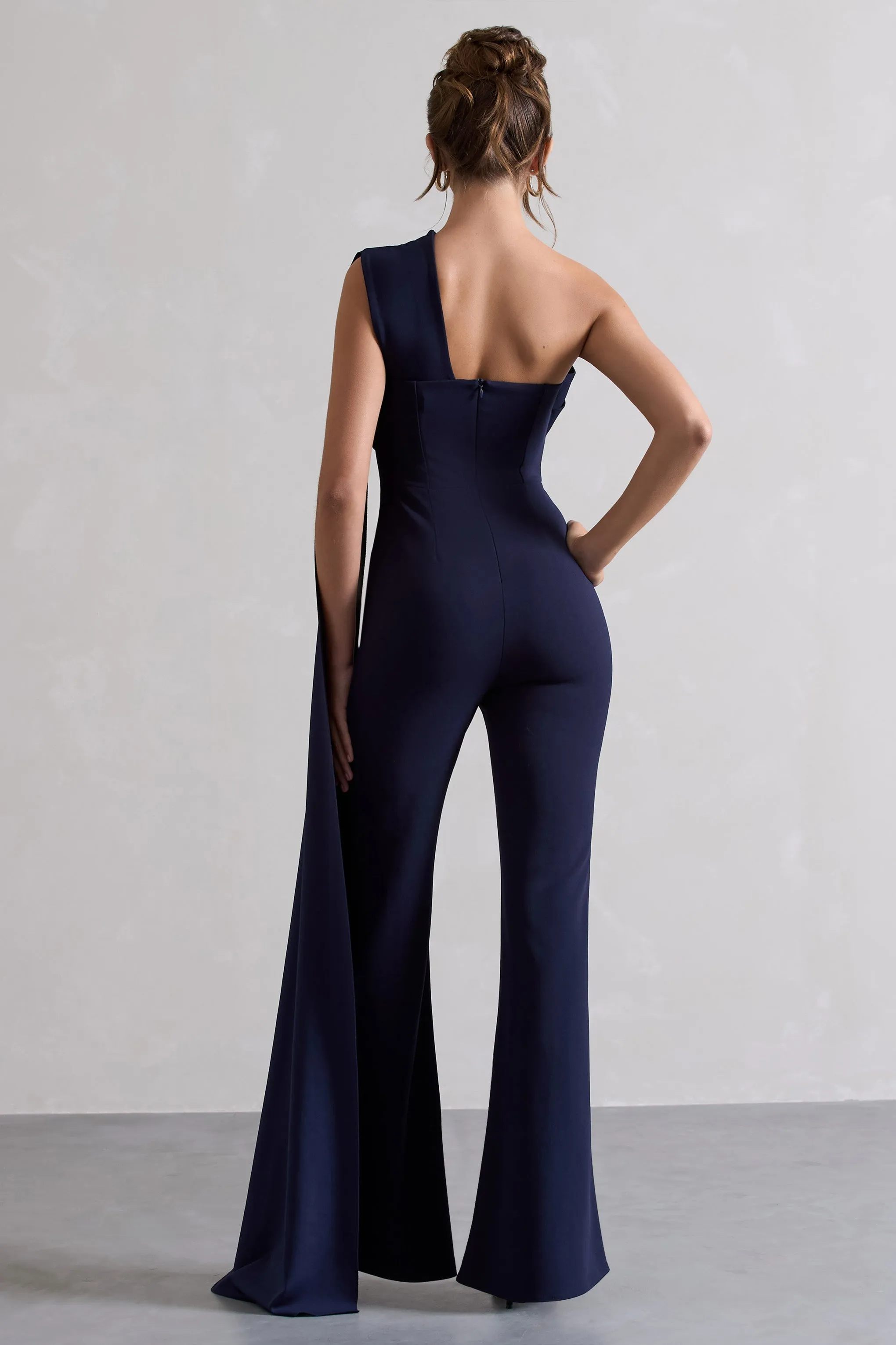 Lorah | Navy One Shoulder Wide-Leg Jumpsuit With Sash sold by Club L London product image thumbnail 2