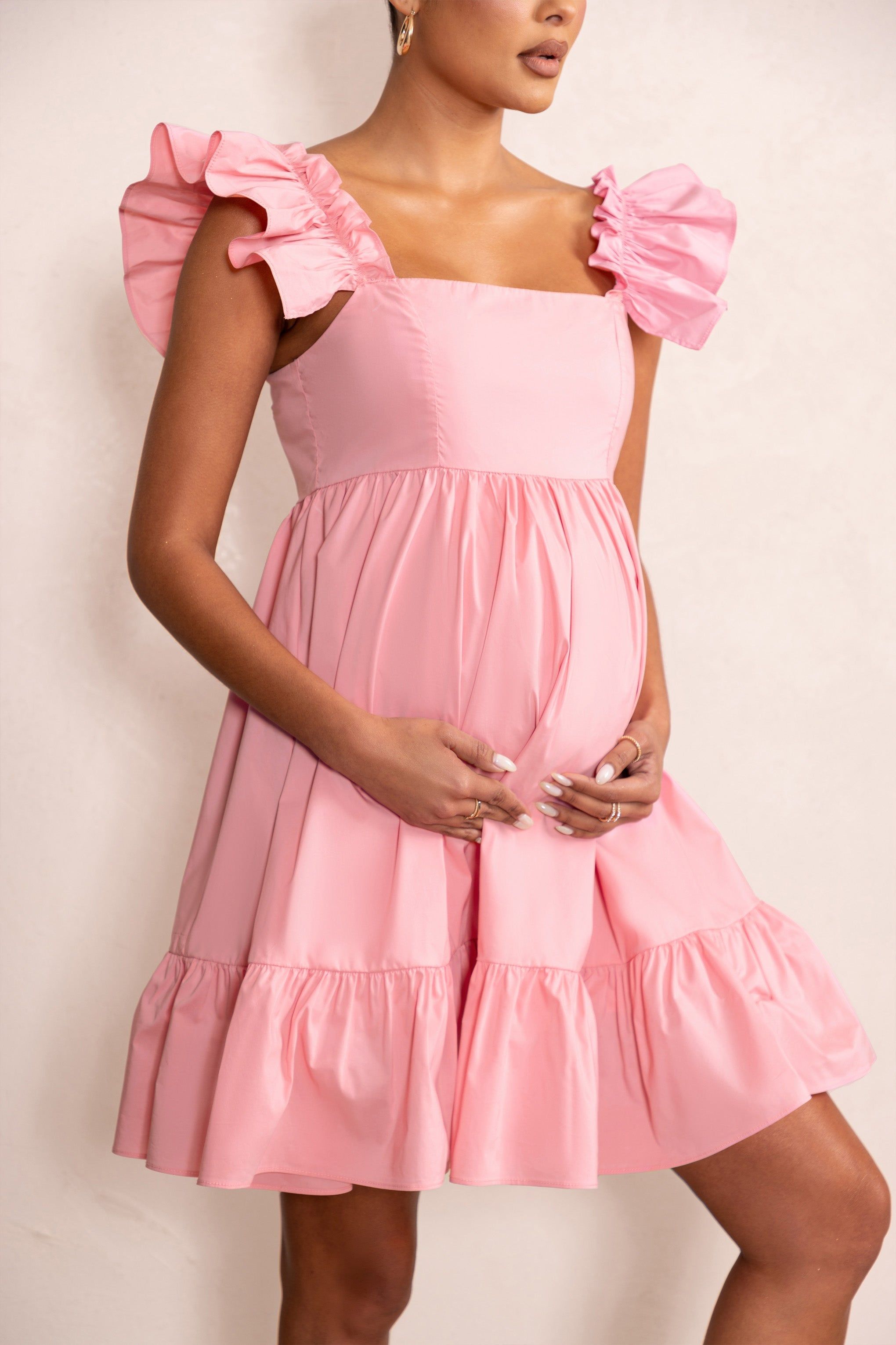 Dolly Daze | Blush Ruffle Sleeve Babydoll Maternity Mini Dress sold by Club L London product image thumbnail 3