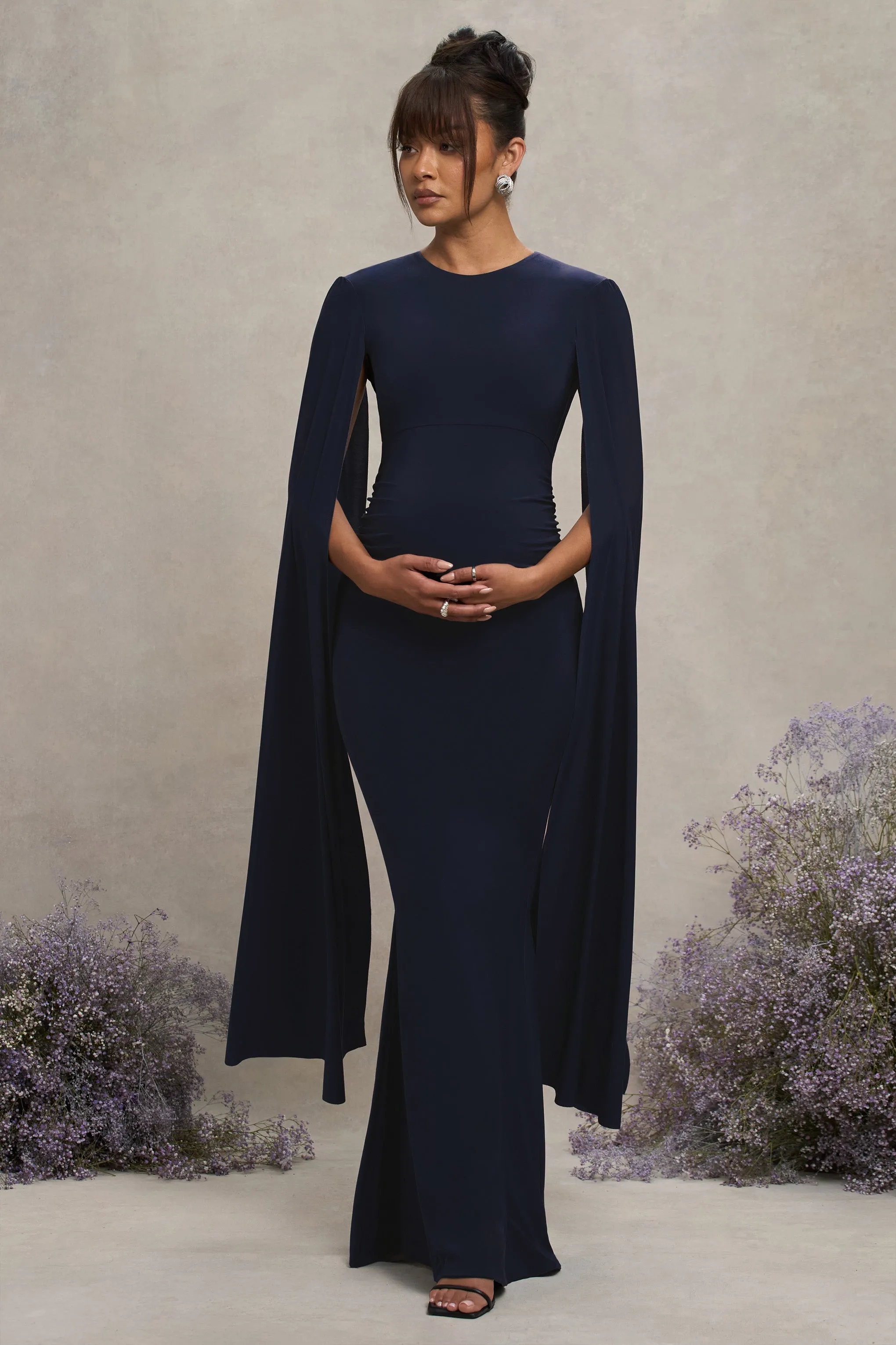 Divine Timing | Navy Maternity Maxi Dress With Cape Sleeves sold by Club L London