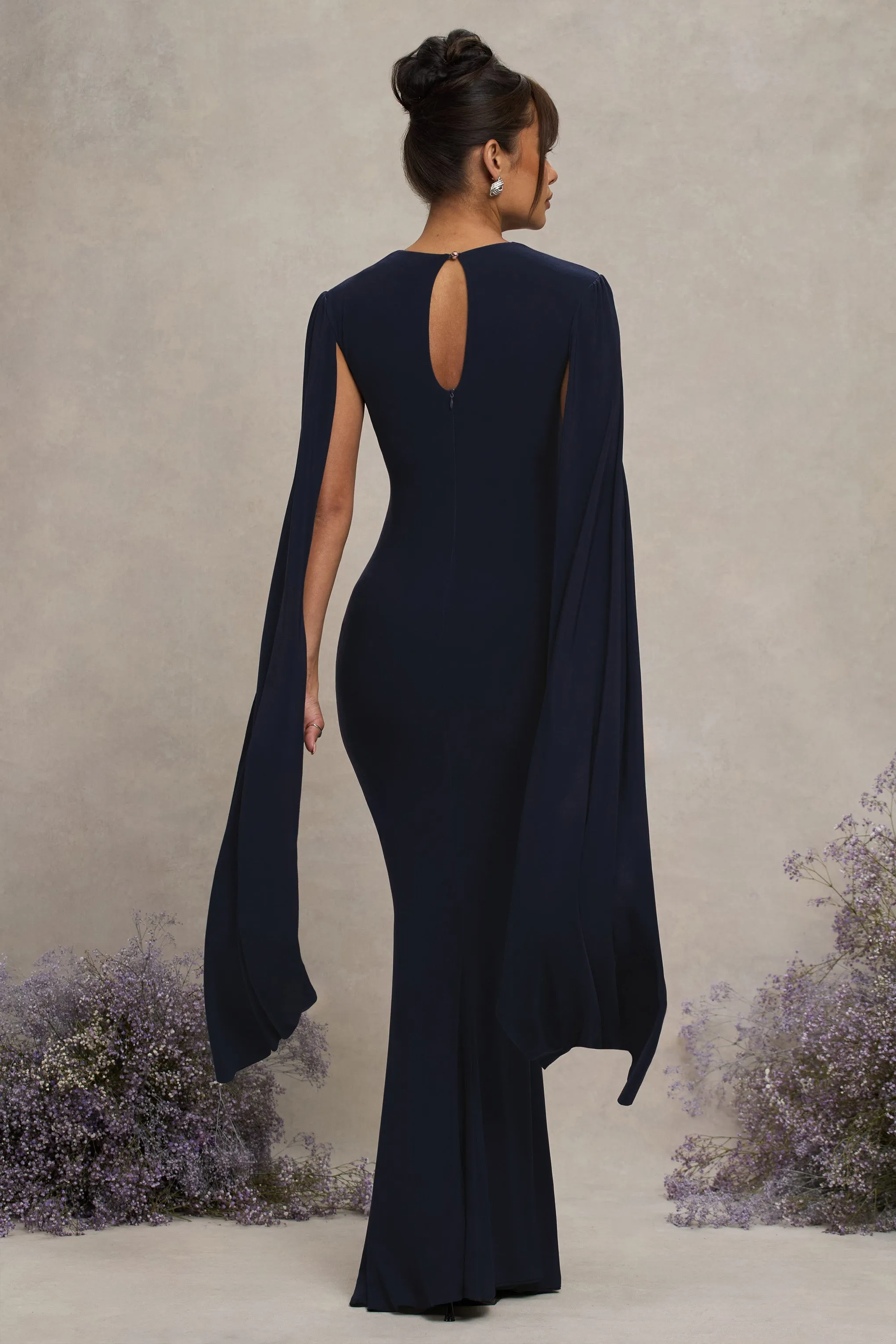 Divine Timing | Navy Maternity Maxi Dress With Cape Sleeves sold by Club L London product image thumbnail 2