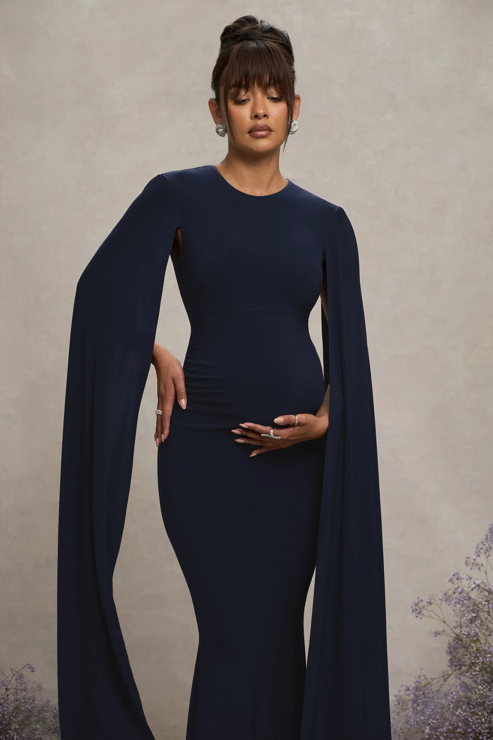 Divine Timing | Navy Maternity Maxi Dress With Cape Sleeves sold by Club L London product image thumbnail 3