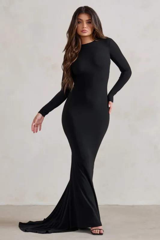 One Step Ahead | Black Long Sleeve Backless Fishtail Maxi Dress sold by Club L London