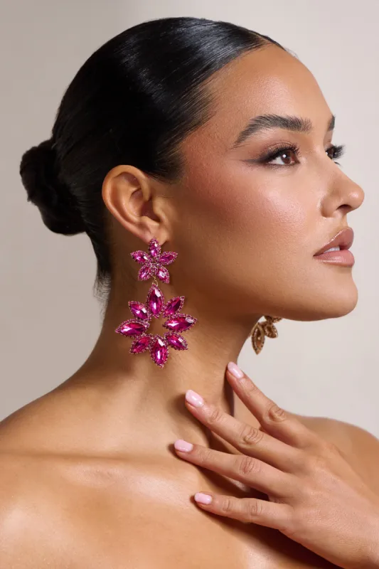 Feleicia | Pink Diamante Flower Drop Earrings sold by Club L London