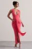 Santana | Coral Plunge-Neck Split Maxi Dress With Knot Detail sold by Club L London