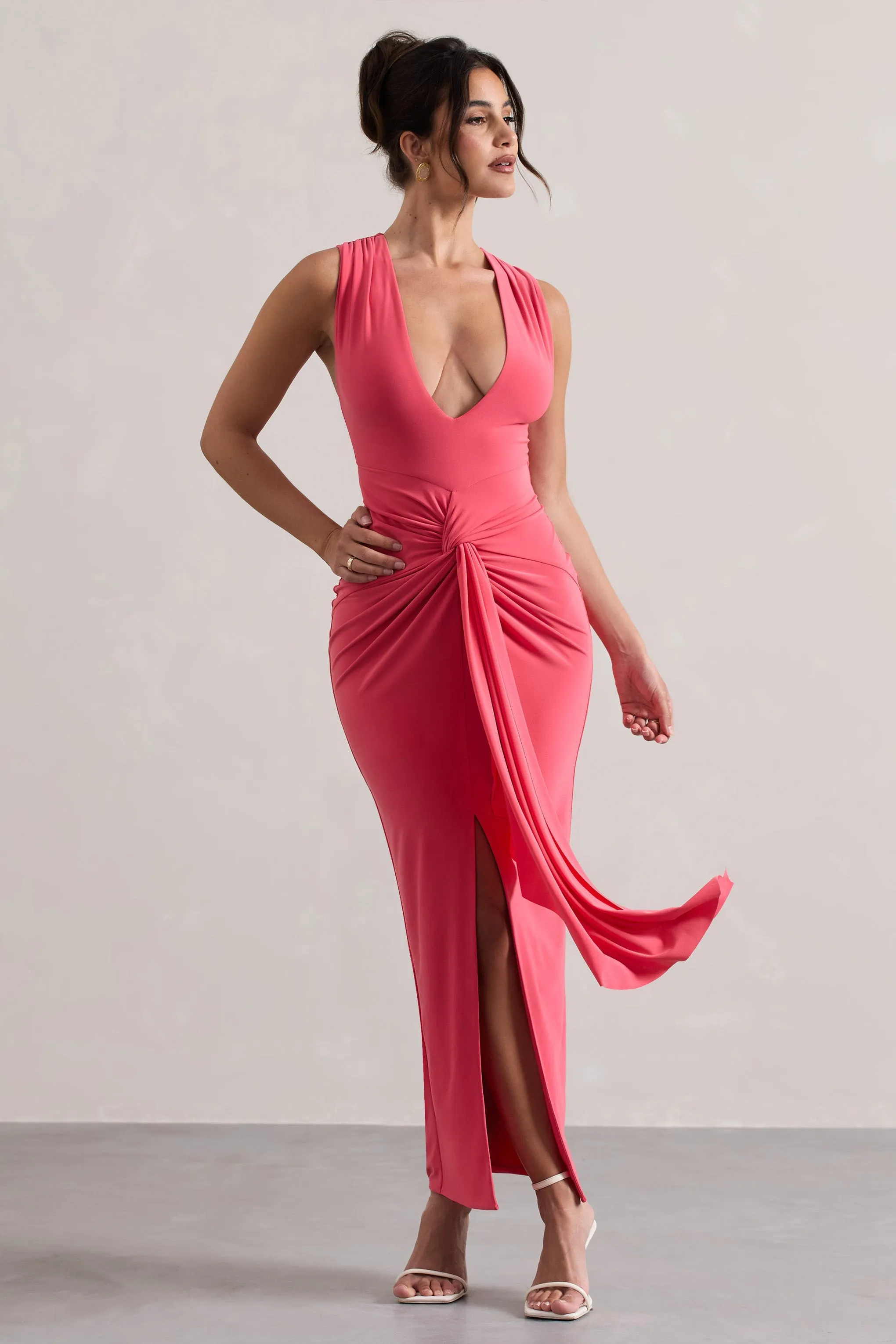 Santana | Coral Plunge-Neck Split Maxi Dress With Knot Detail sold by Club L London product image thumbnail 5