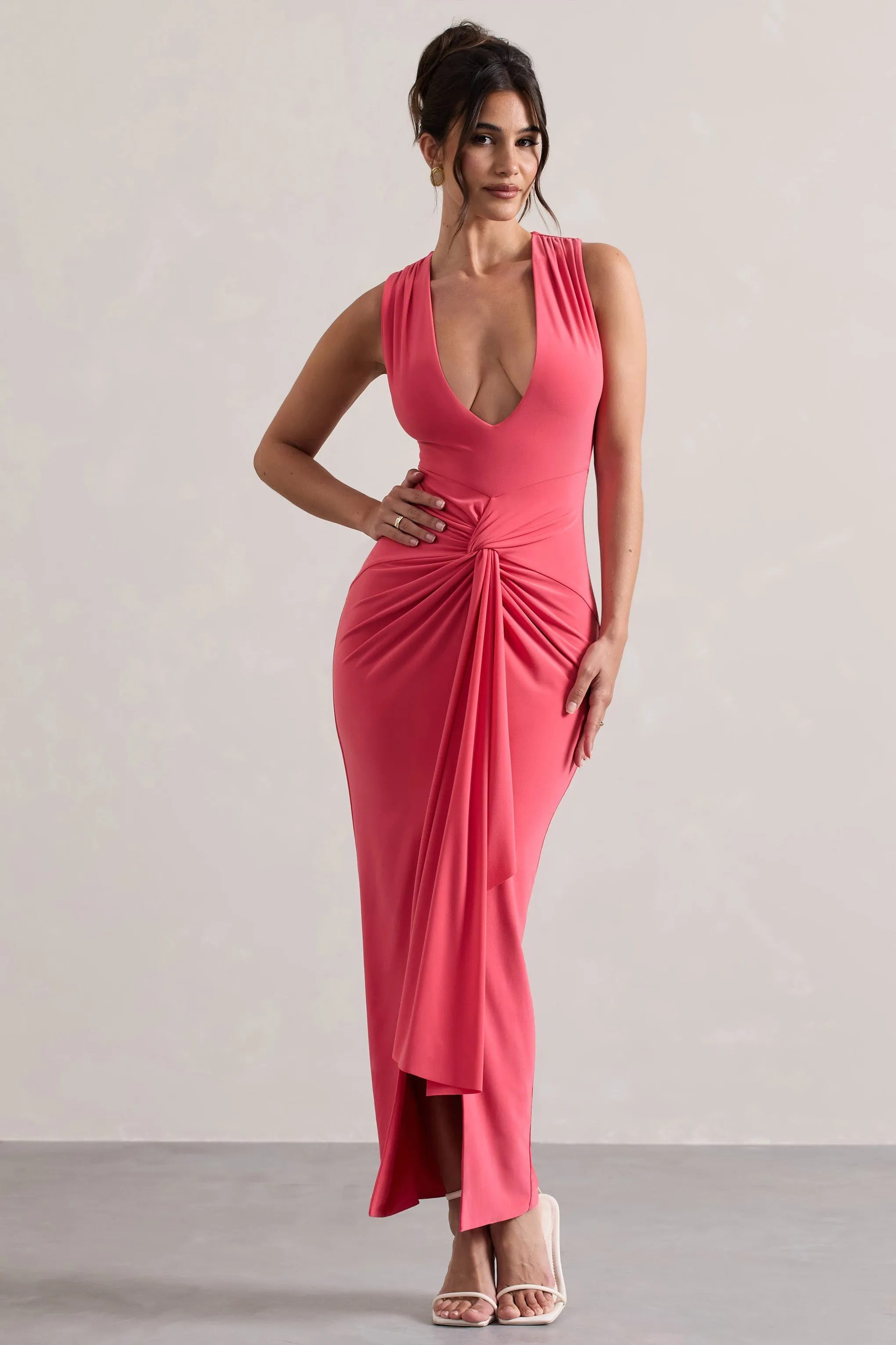 Santana | Coral Plunge-Neck Split Maxi Dress With Knot Detail sold by Club L London product image thumbnail 4