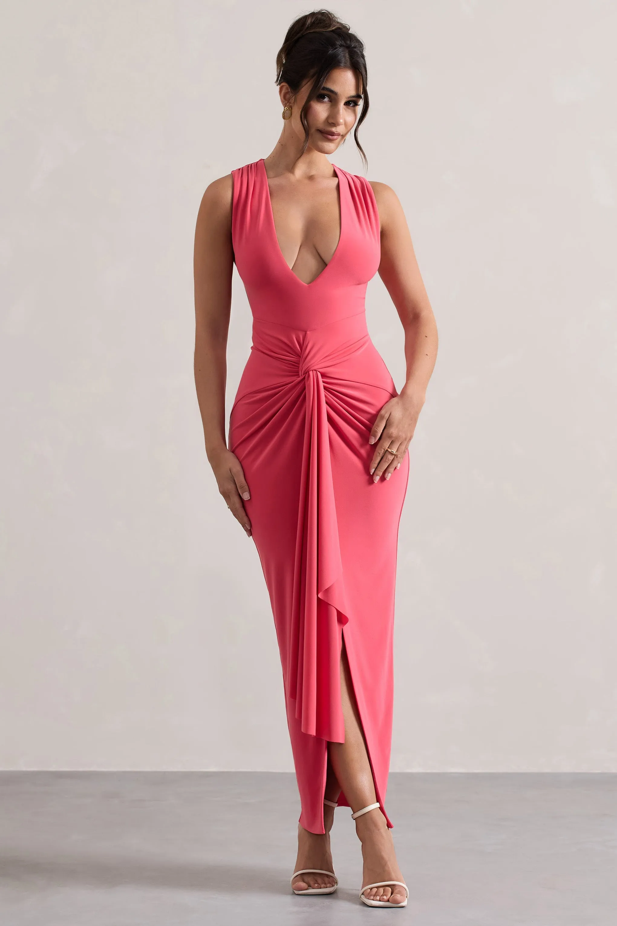 Santana | Coral Plunge-Neck Split Maxi Dress With Knot Detail sold by Club L London