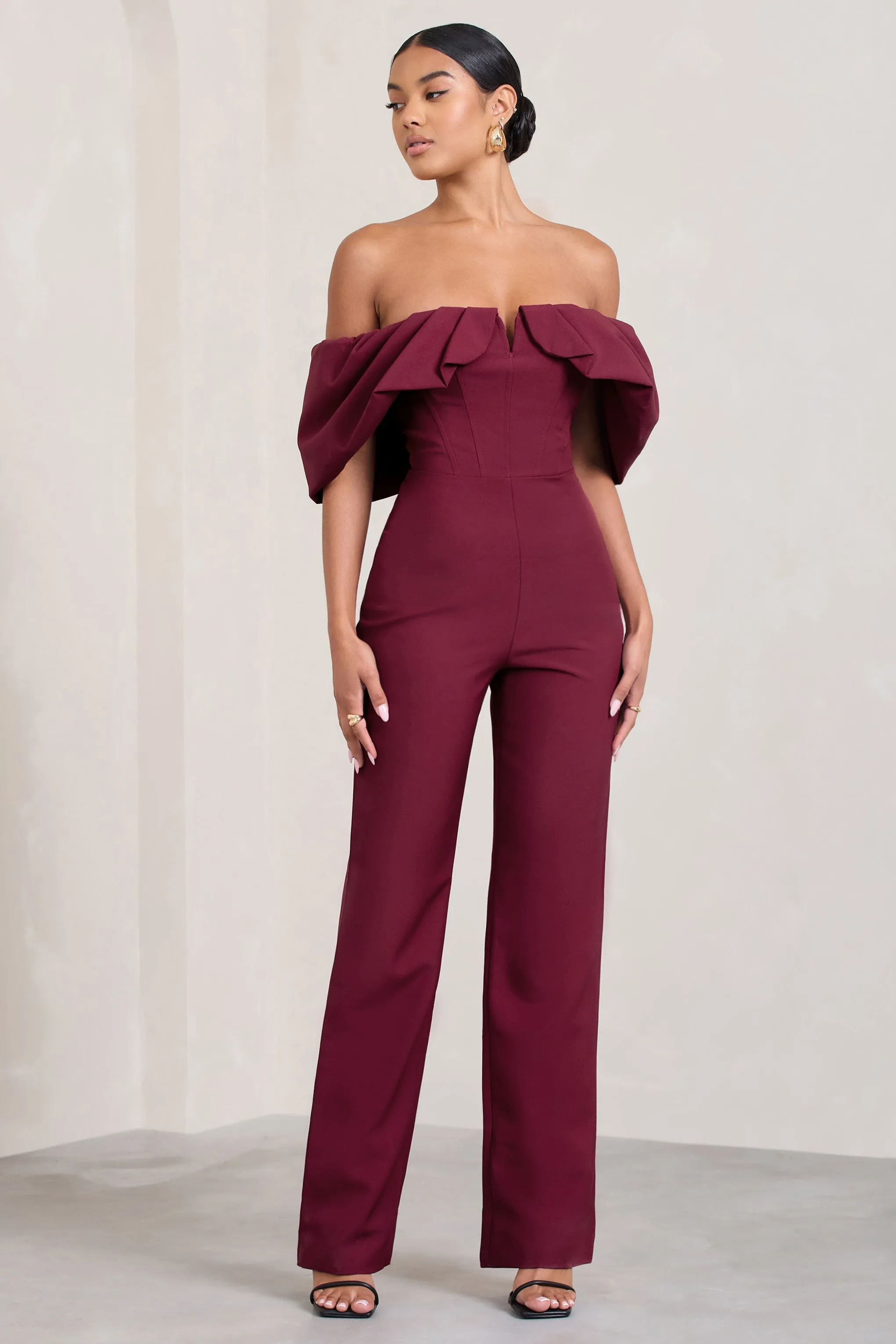 Time Will Tell | Berry Off The Shoulder Wide Leg Jumpsuit sold by Club L London product image thumbnail 5