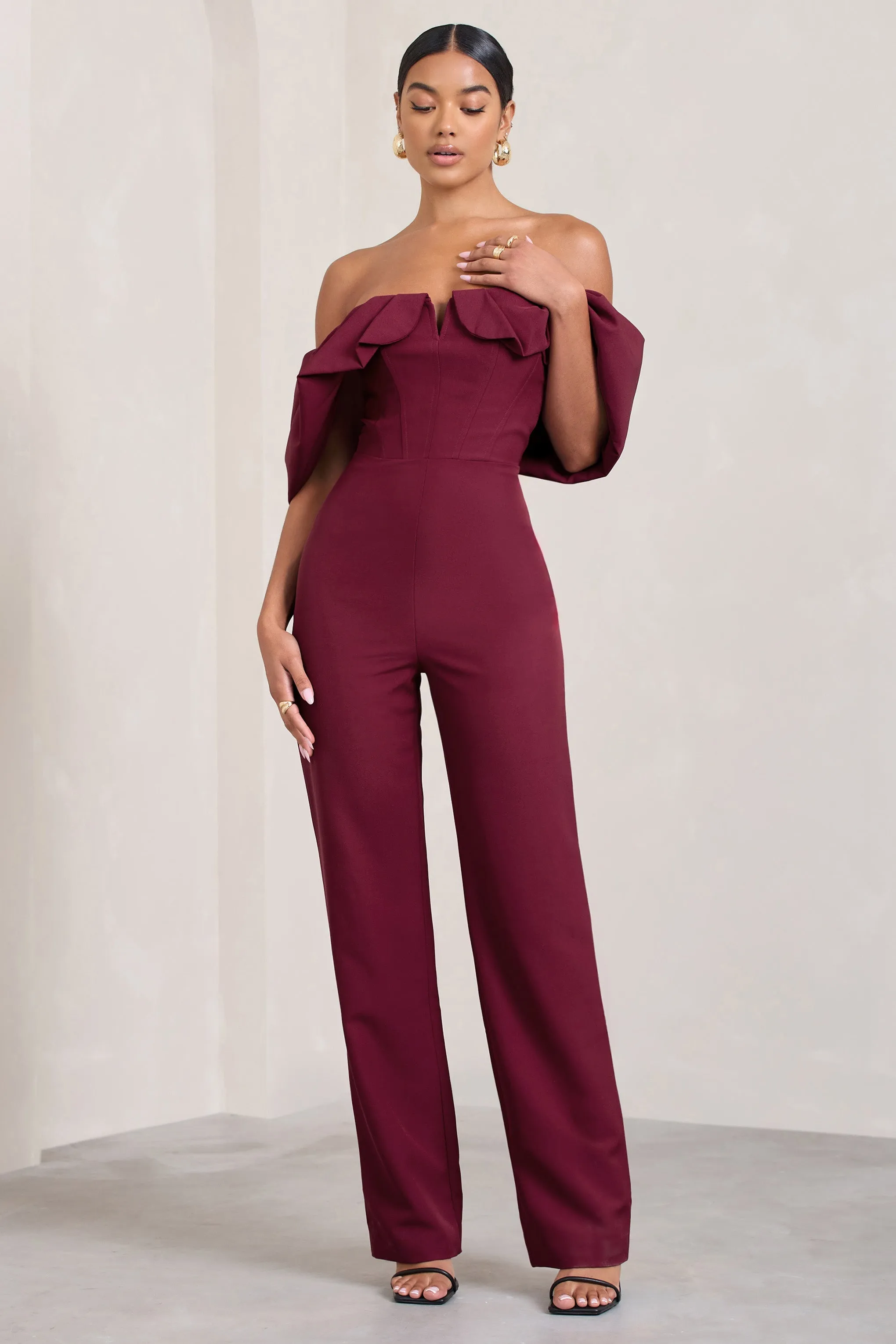 Time Will Tell | Berry Off The Shoulder Wide Leg Jumpsuit sold by Club L London product image thumbnail 4