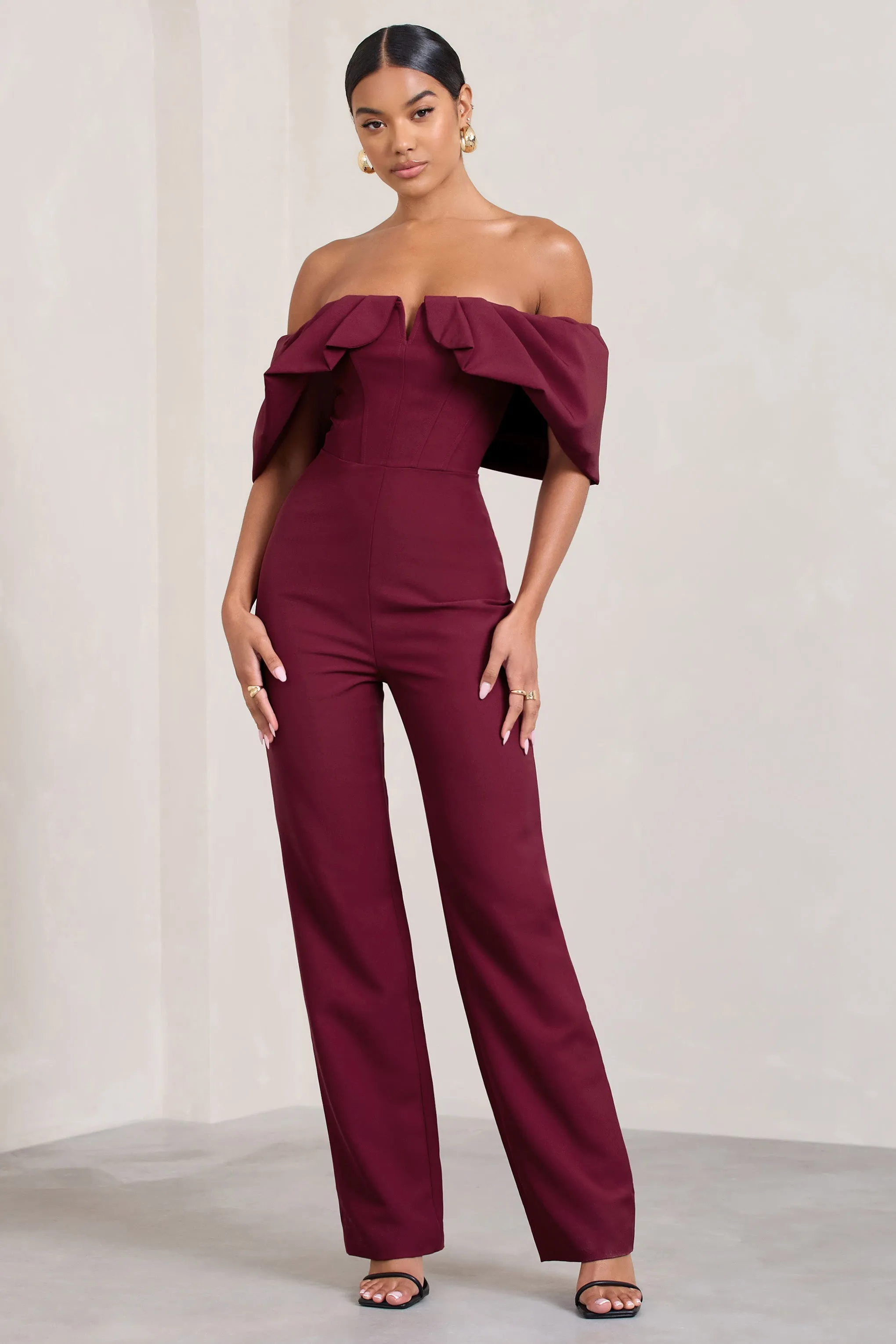 Time Will Tell | Berry Off The Shoulder Wide Leg Jumpsuit sold by Club L London