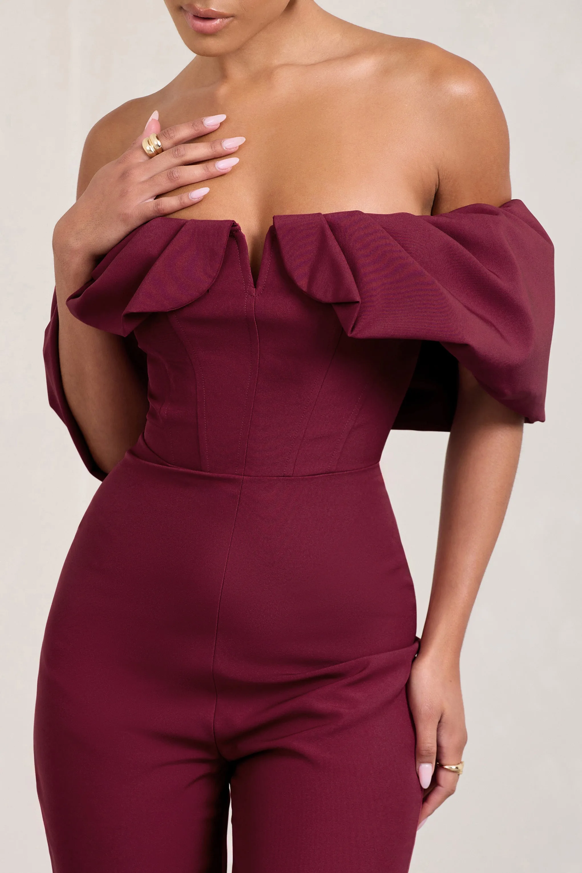 Time Will Tell | Berry Off The Shoulder Wide Leg Jumpsuit sold by Club L London product image thumbnail 3