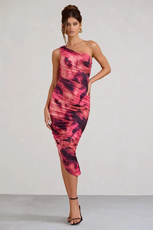 Dorit | Pink Print One Shoulder Asymmetric Ruched Midi Dress sold by Club L London