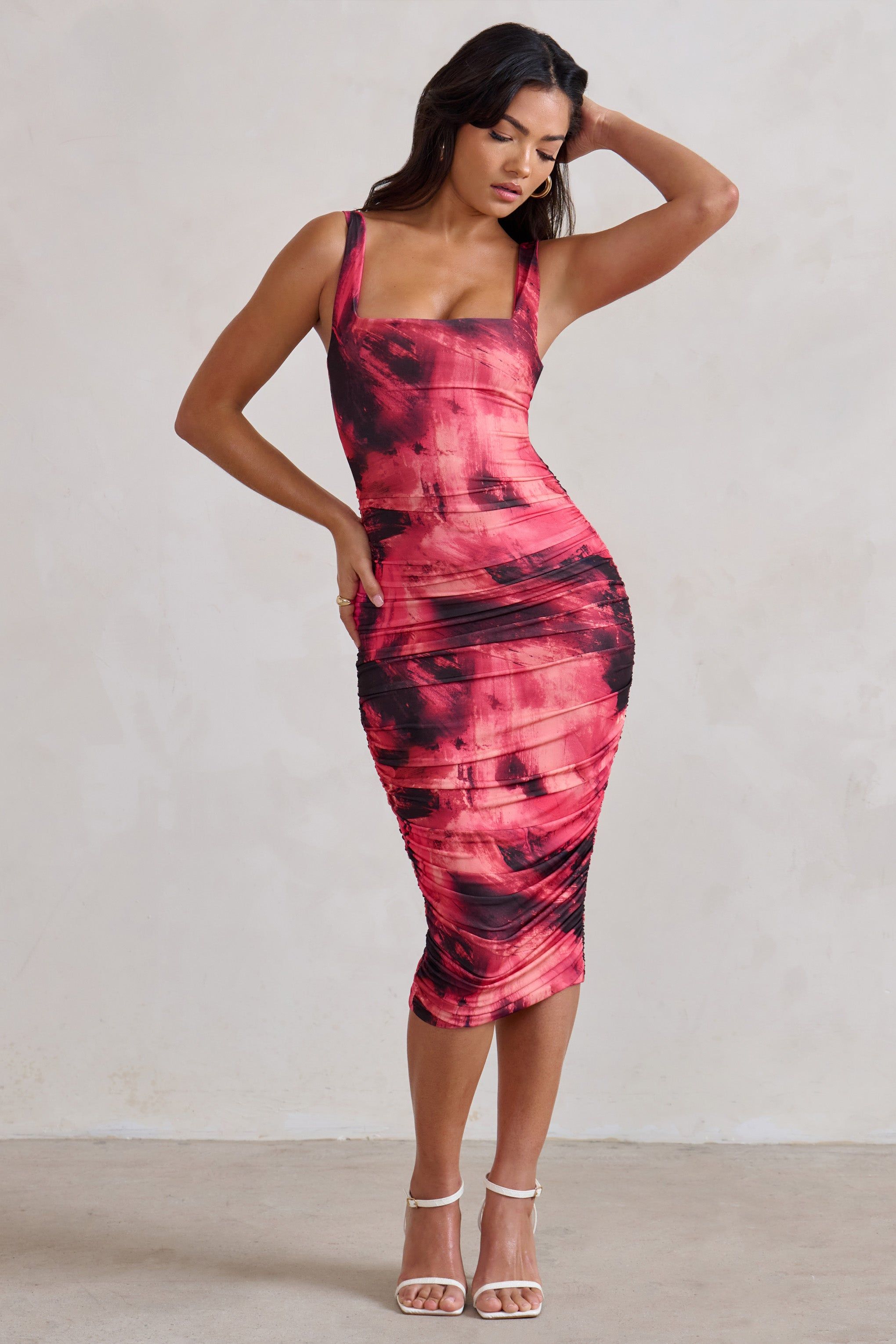 Lisbon | Pink Printed Square Neck Ruched Midi Dress sold by Club L London product image thumbnail 4