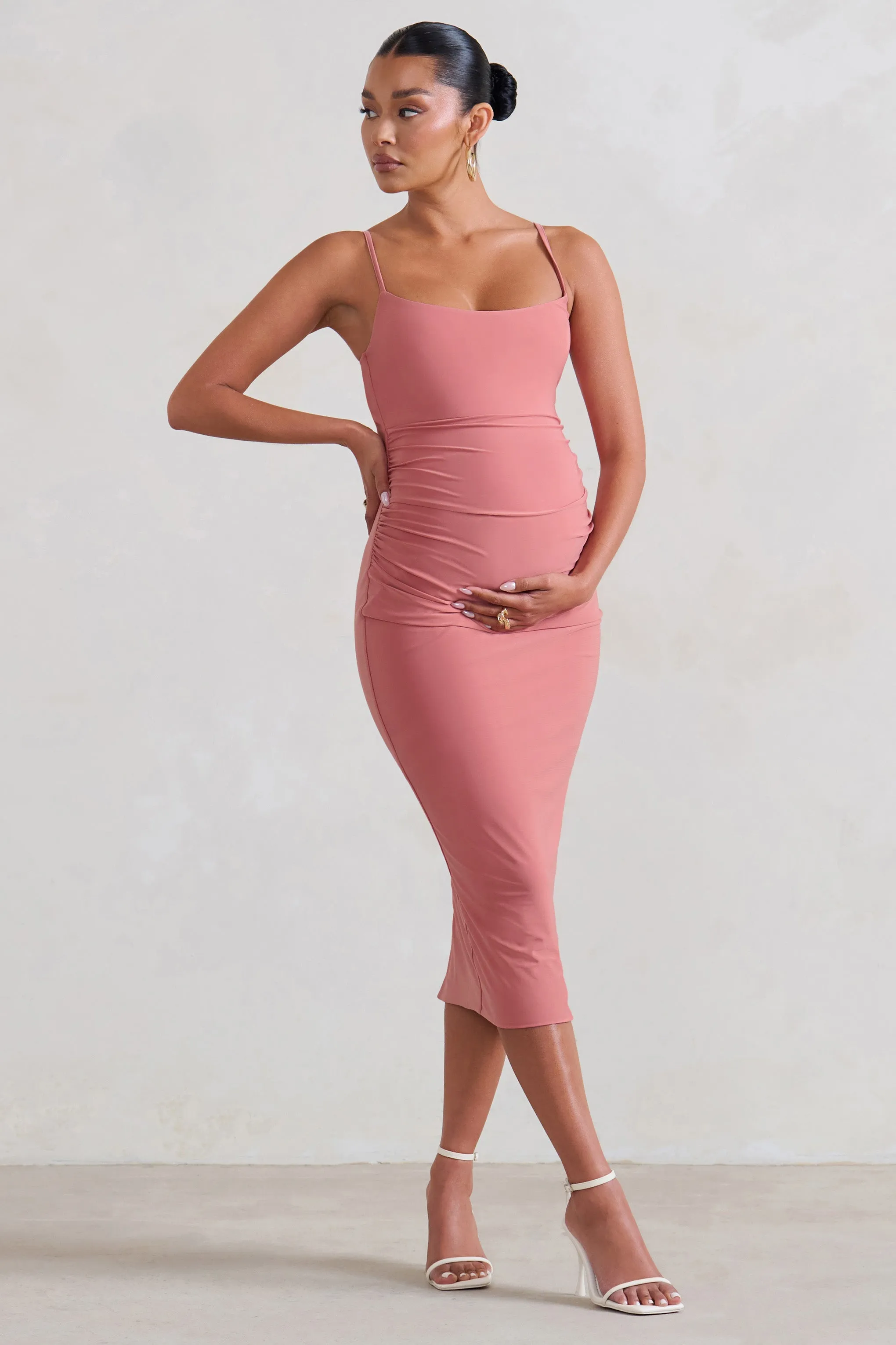 Raquel | Pink Maternity Cami Midi Dress With Split sold by Club L London