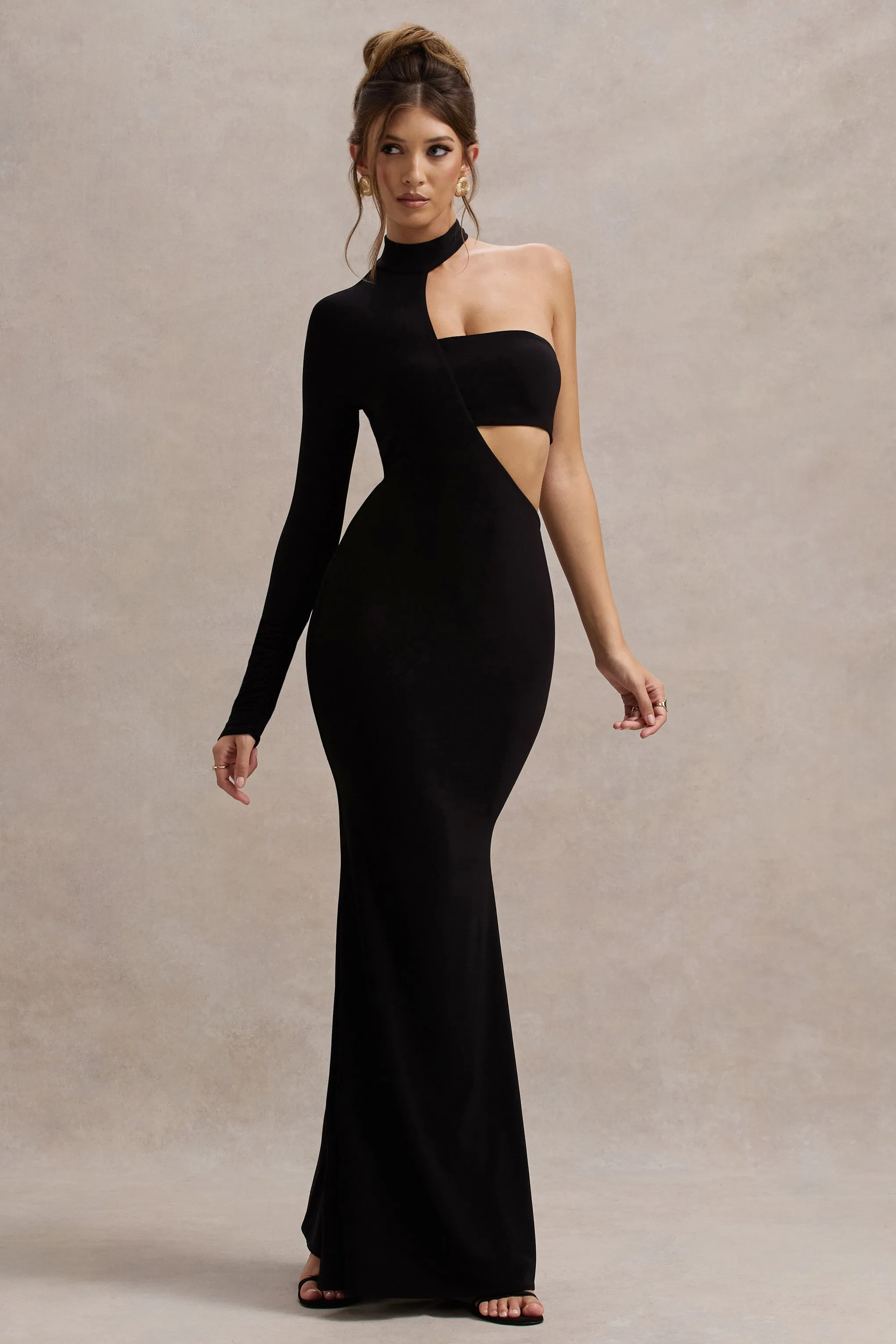 Socialite | Black One-Sleeve Cut-Out Maxi Dress sold by Club L London