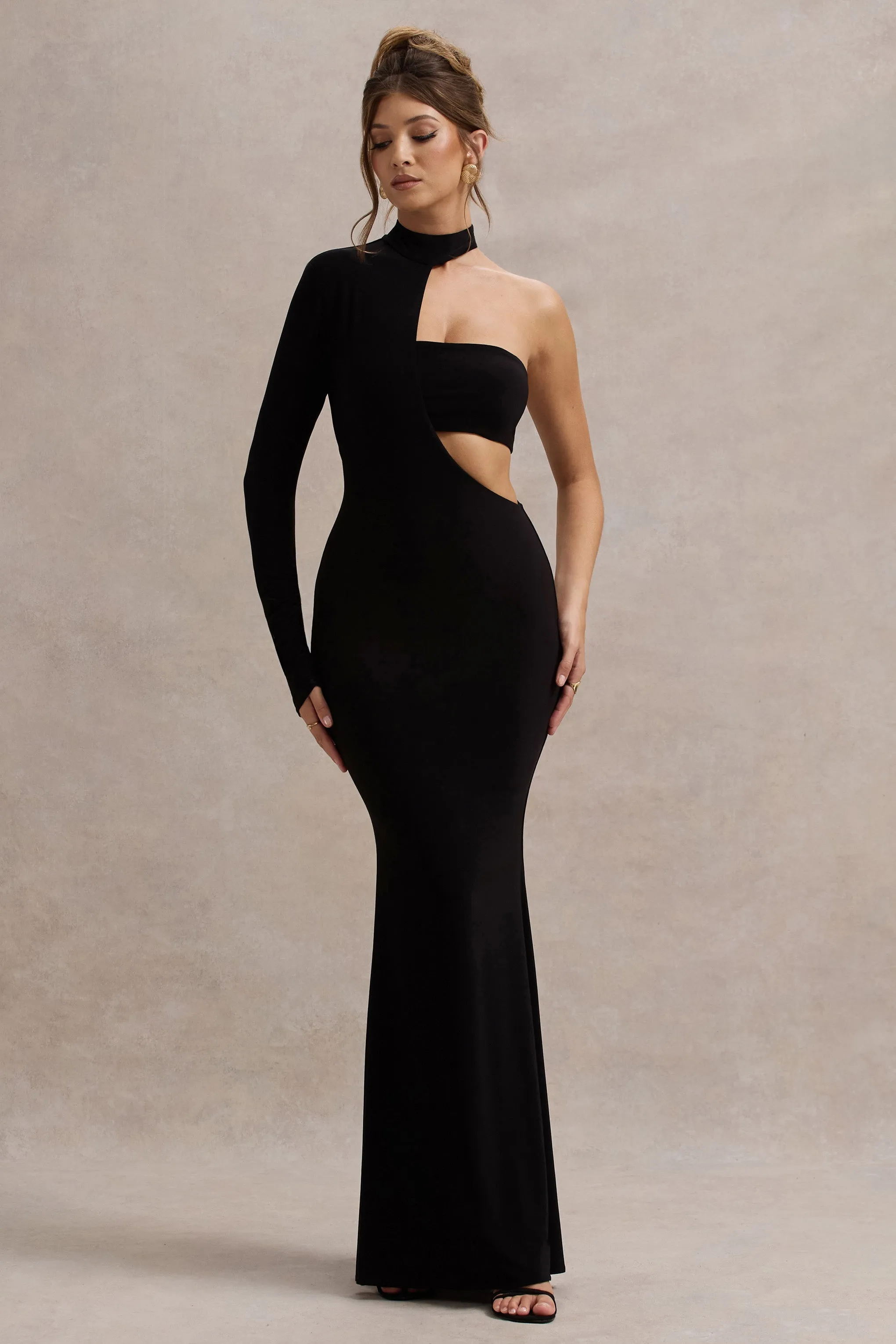 Socialite | Black One-Sleeve Cut-Out Maxi Dress sold by Club L London product image thumbnail 4
