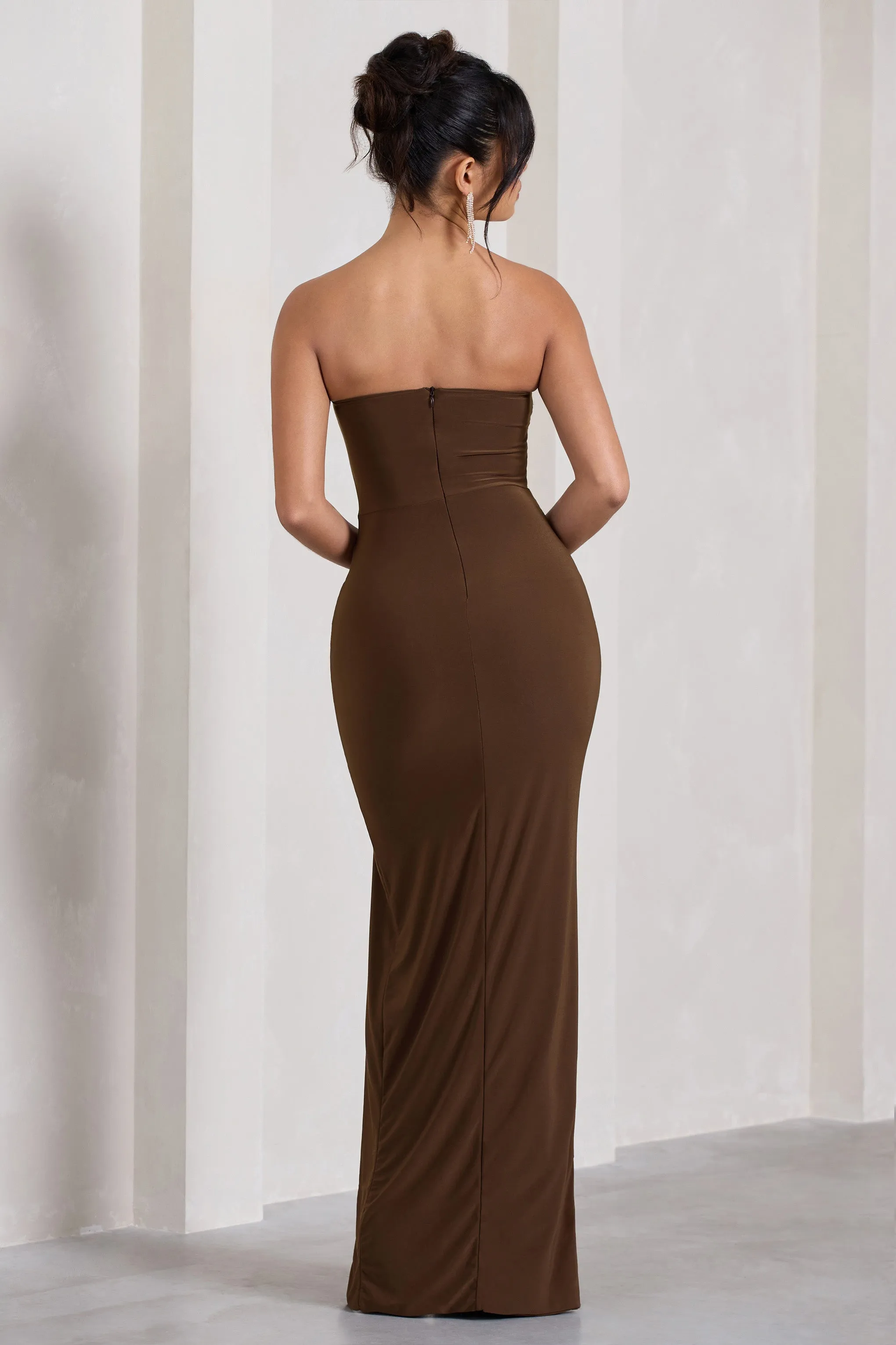 Dawning | Chocolate Brown Bandeau Knotted Split Maxi Dress sold by Club L London product image thumbnail 2