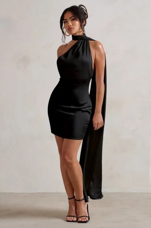 Nasira | Black Satin Asymmetric Scarf Neck Backless Mini Dress sold by Club L London