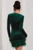 Tamsin | Bottle Green Velvet Long-Sleeved Feather Mini Dress sold by Club L London