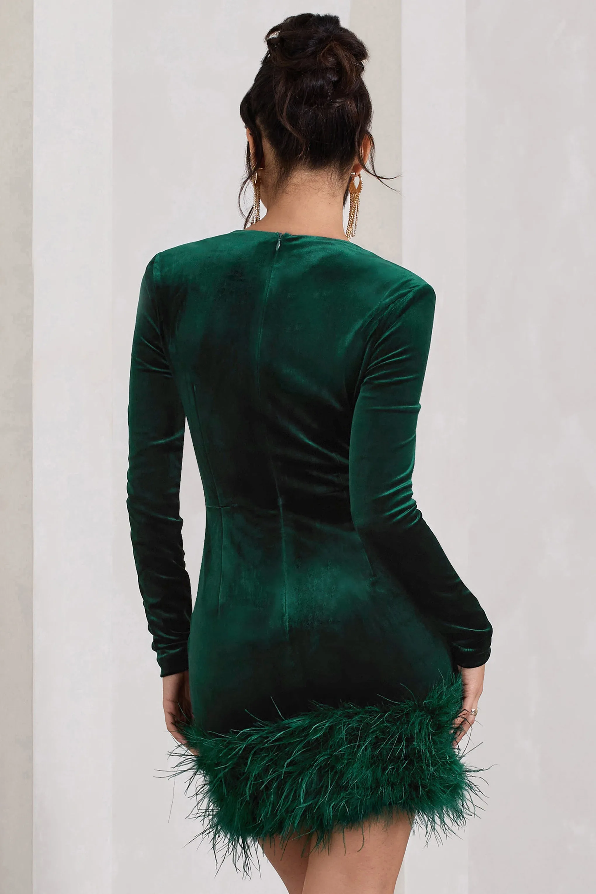 Tamsin | Bottle Green Velvet Long-Sleeved Feather Mini Dress sold by Club L London product image thumbnail 2