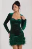 Tamsin | Bottle Green Velvet Long-Sleeved Feather Mini Dress sold by Club L London
