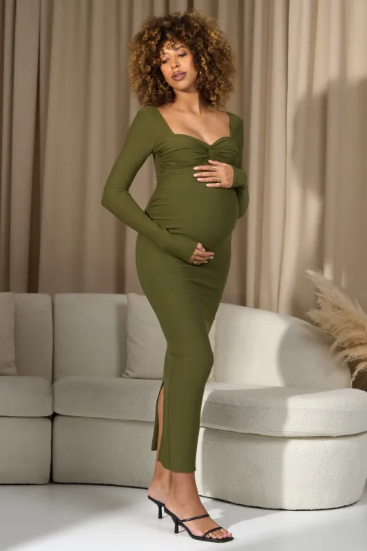 Saffron | Moss Green Bodycon Sweetheart Maternity Maxi Dress sold by Club L London