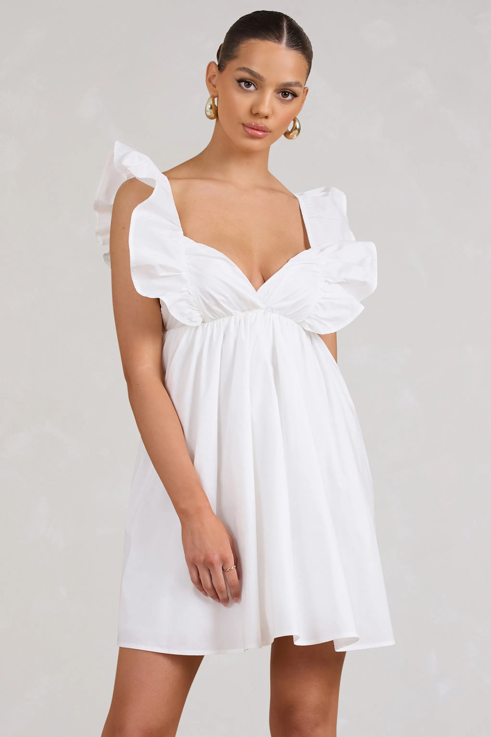 Let's Laze | White Poplin Smocked Mini Dress With Frilled Straps sold by Club L London product image thumbnail 4