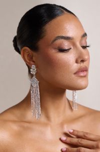 Delma | Silver Diamante Tassel Drop Earrings sold by Club L London