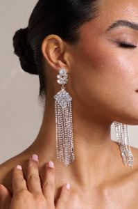 Delma | Silver Diamante Tassel Drop Earrings sold by Club L London